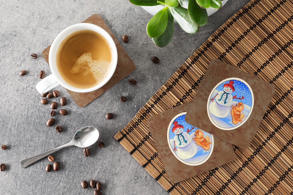 Snowman with Pomeranian Winter Snowman Foam Coasters Set of 4 Cup Coasters for Indoor Outdoor, Tabletop Protection, Anti Slip, Mouse pad Material