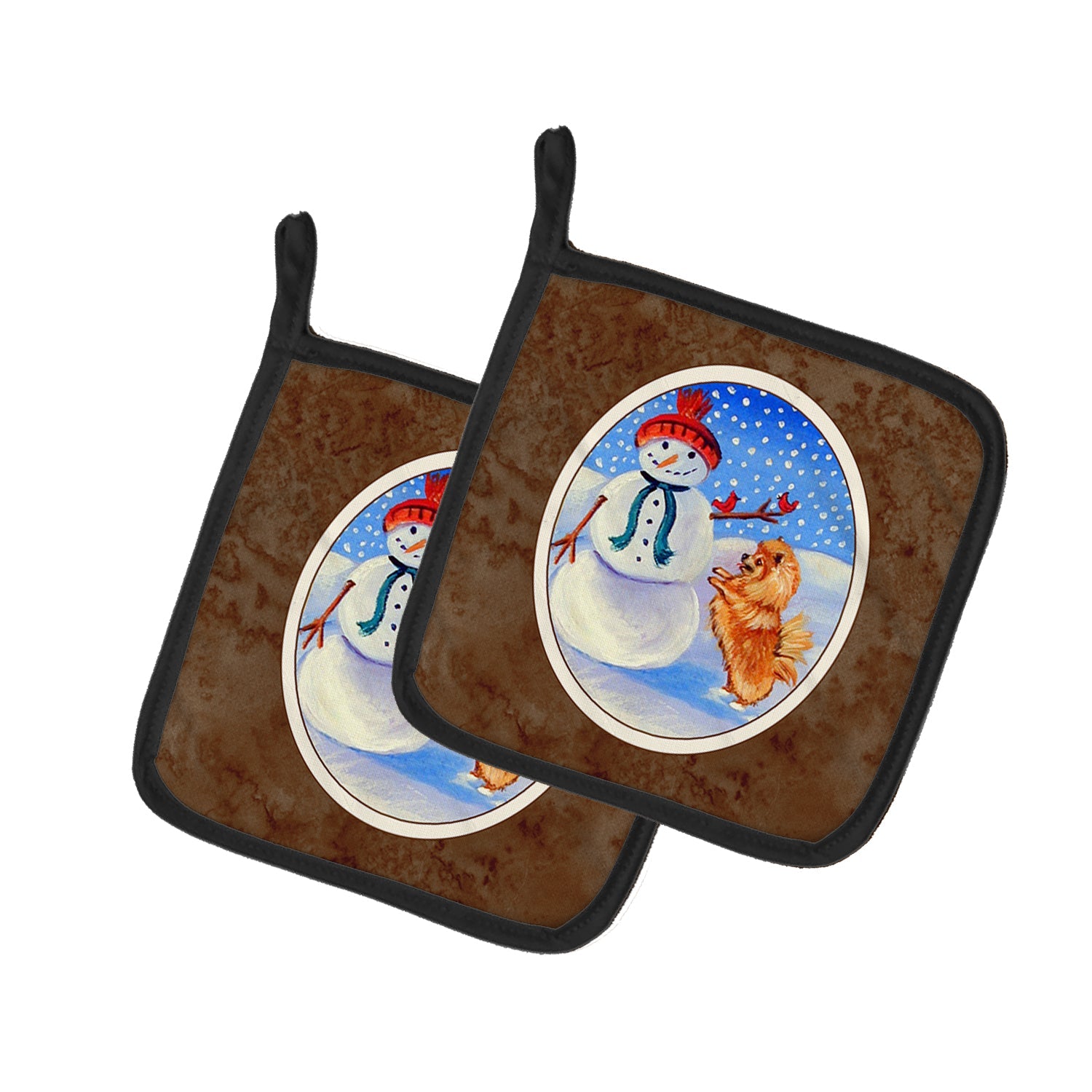 Snowman with Pomeranian Winter Snowman Pot Holder Set of 2 Heat Resistant Quilted Hot Pads 7.5 x 7.5 Inch, Insulated Kitchen Trivets for Cooking & Baking