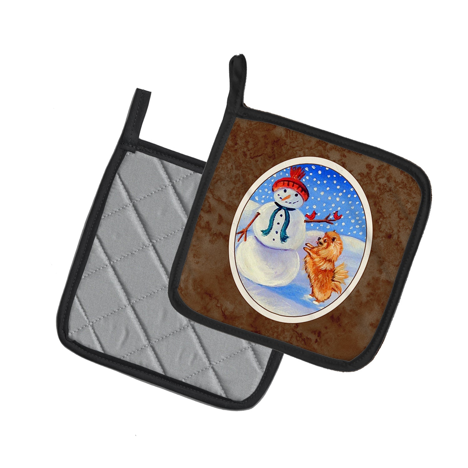 Snowman with Pomeranian Winter Snowman Pot Holder Set of 2 Heat Resistant Quilted Hot Pads 7.5 x 7.5 Inch, Insulated Kitchen Trivets for Cooking & Baking