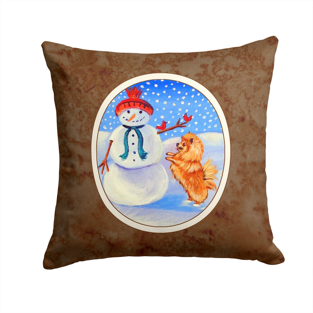 Snowman with Pomeranian Winter Snowman Decorative Throw Pillow 14x14 Indoor Outdoor Accent Cushion, Fabric Cover with Insert for Sofa, Bed, Porch & Living Room