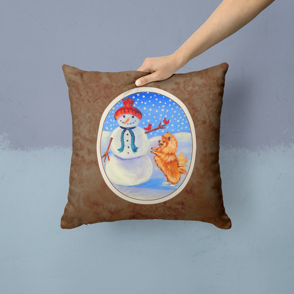 Snowman with Pomeranian Winter Snowman Decorative Throw Pillow 14x14 Indoor Outdoor Accent Cushion, Fabric Cover with Insert for Sofa, Bed, Porch & Living Room