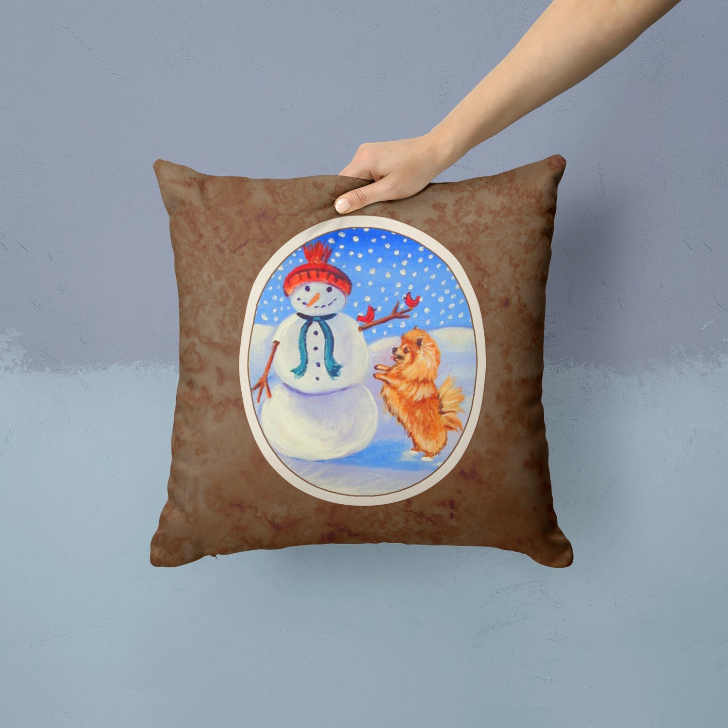 Snowman with Pomeranian Winter Snowman Decorative Throw Pillow 14x14 Indoor Outdoor Accent Cushion, Fabric Cover with Insert for Sofa, Bed, Porch & Living Room