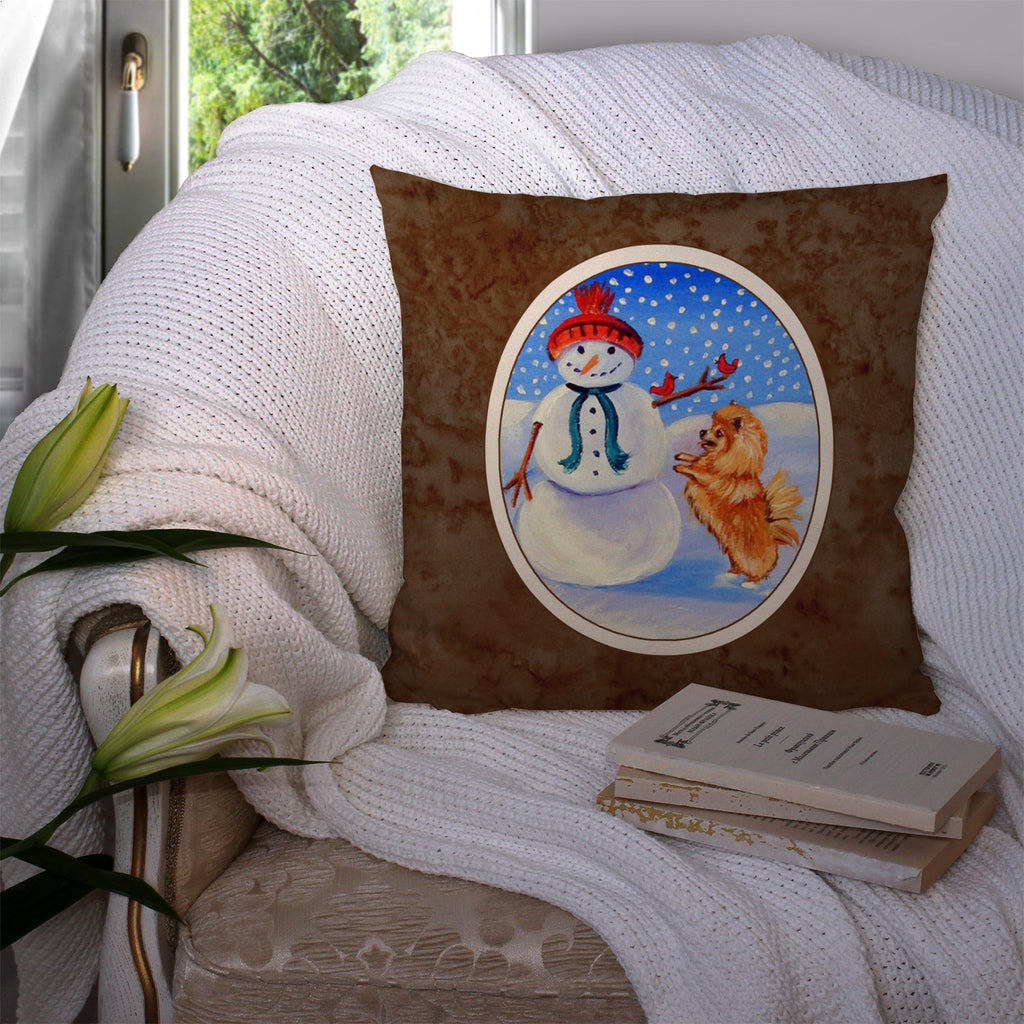 Snowman with Pomeranian Winter Snowman Decorative Throw Pillow 14x14 Indoor Outdoor Accent Cushion, Fabric Cover with Insert for Sofa, Bed, Porch & Living Room