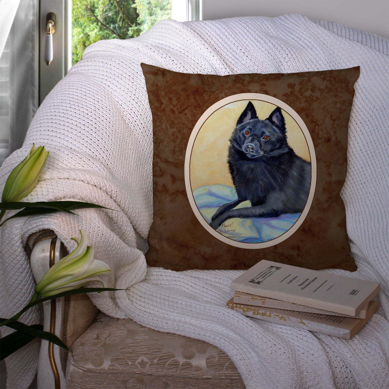 Schipperke Sweet Dreams Decorative Throw Pillow 14x14 Indoor Outdoor Accent Cushion, Fabric Cover with Insert for Sofa, Bed, Porch & Living Room