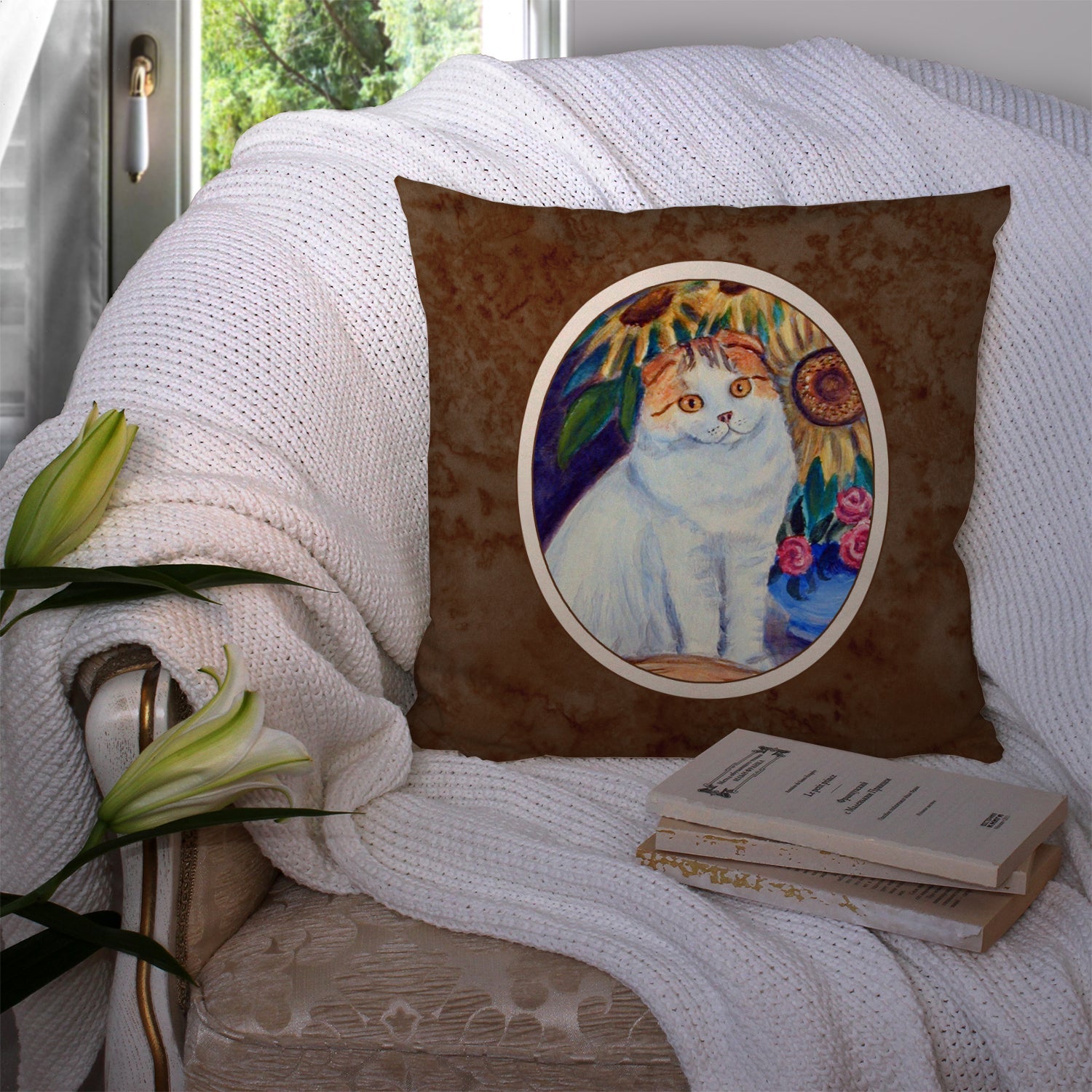 Cat Decorative Throw Pillow 14x14 Indoor Outdoor Accent Cushion, Fabric Cover with Insert for Sofa, Bed, Porch & Living Room