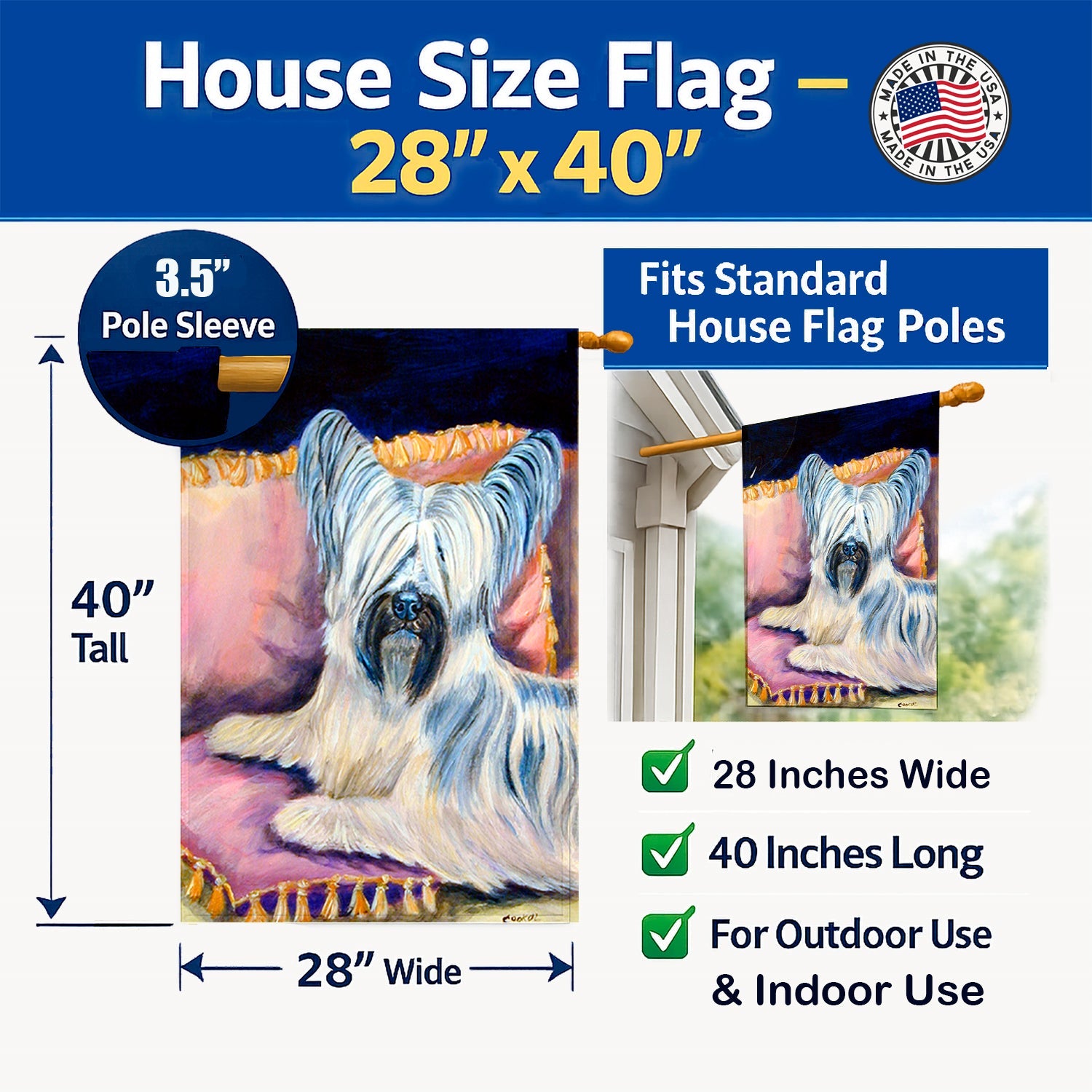 Skye Terrier House Flag 28x40 Porch Sleeve Pole Decorative Outside Yard Banner Artwork Wall Hanging, Polyester