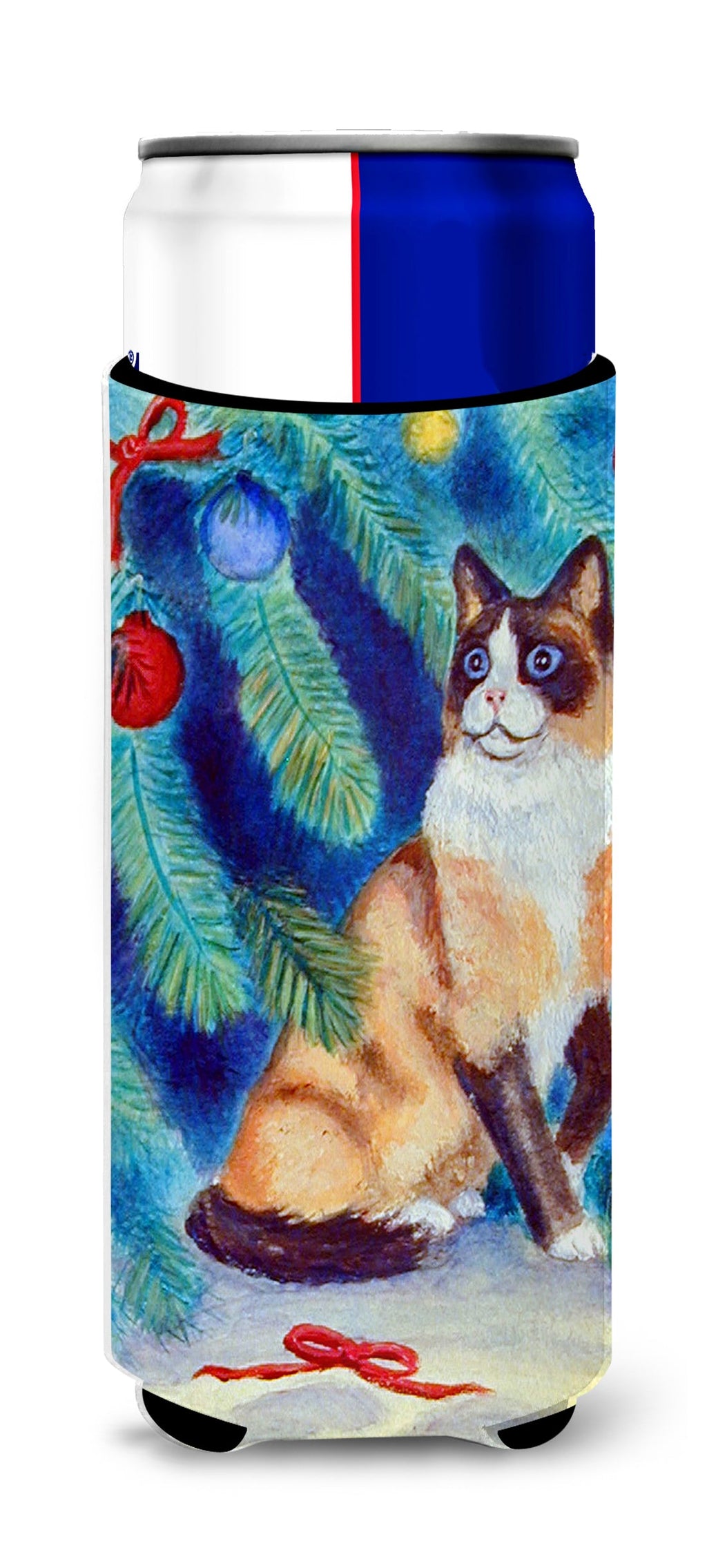 Christmas Tree Cat Slim Can Hugger , Insulated Foam Hugger for 12 oz Slim Cans, Beer Bottles & Water Bottles, Printed in USA