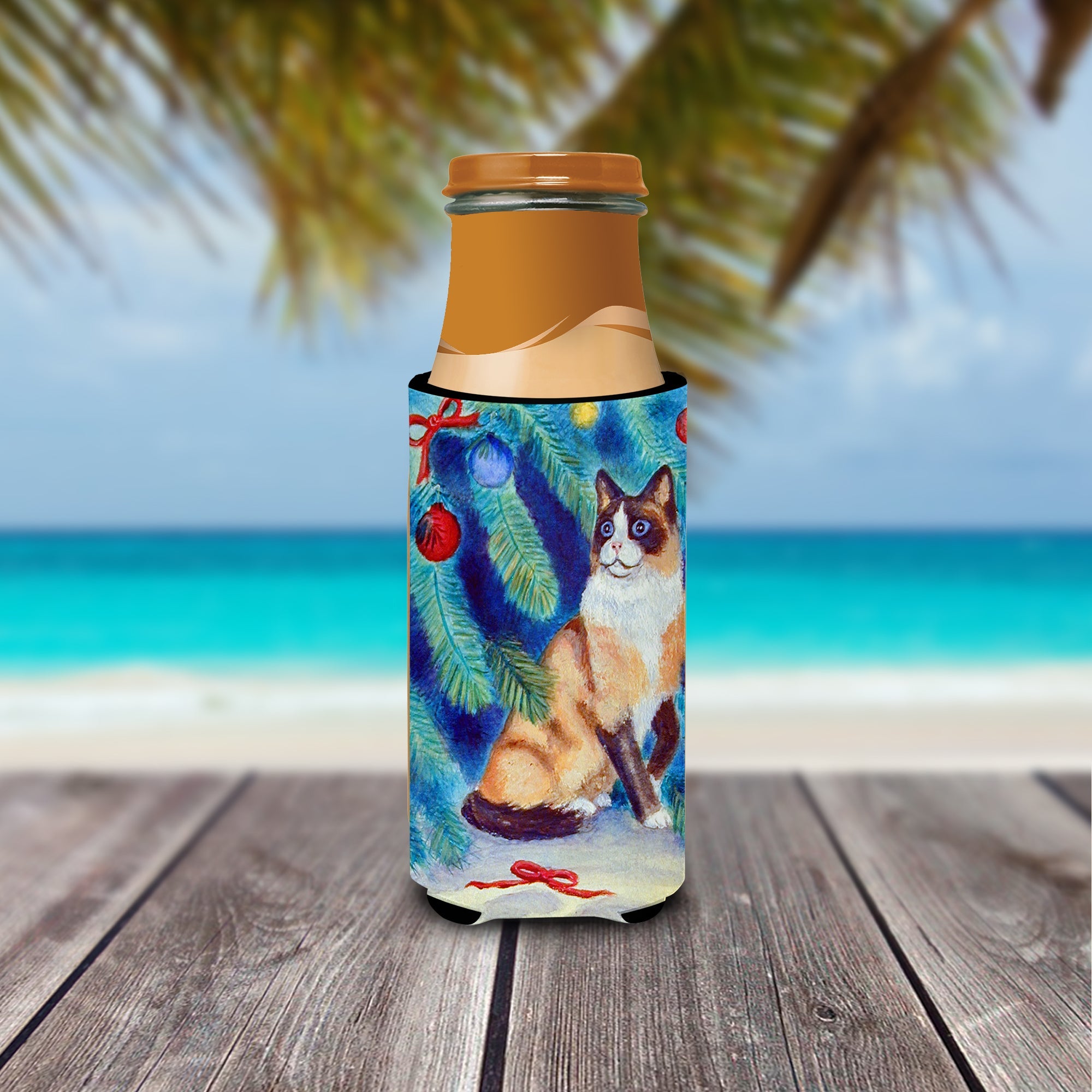 Christmas Tree Cat Slim Can Hugger , Insulated Foam Hugger for 12 oz Slim Cans, Beer Bottles & Water Bottles, Printed in USA