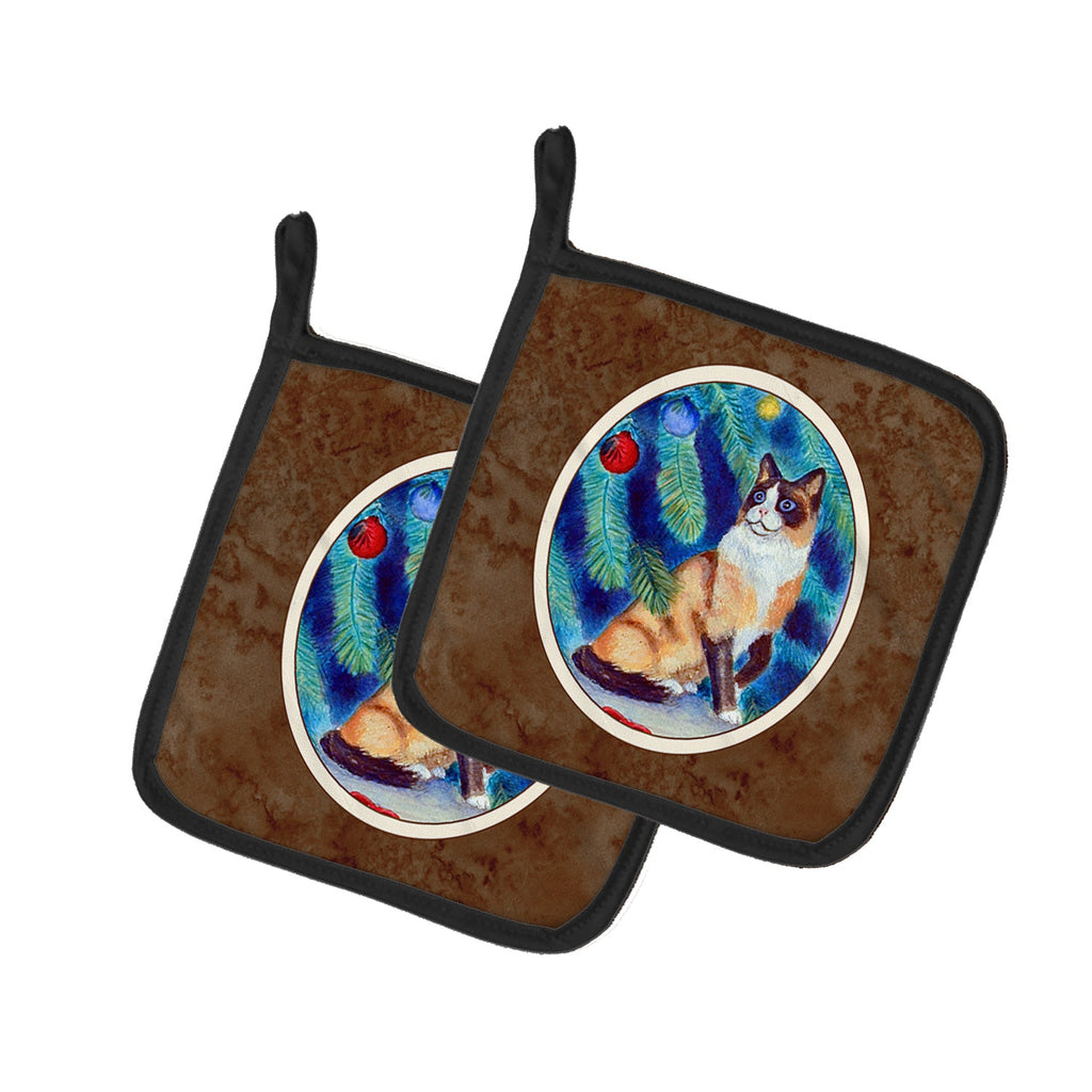 Christmas Tree Cat Pot Holder Set of 2 Heat Resistant Quilted Hot Pads 7.5 x 7.5 Inch, Insulated Kitchen Trivets for Cooking & Baking