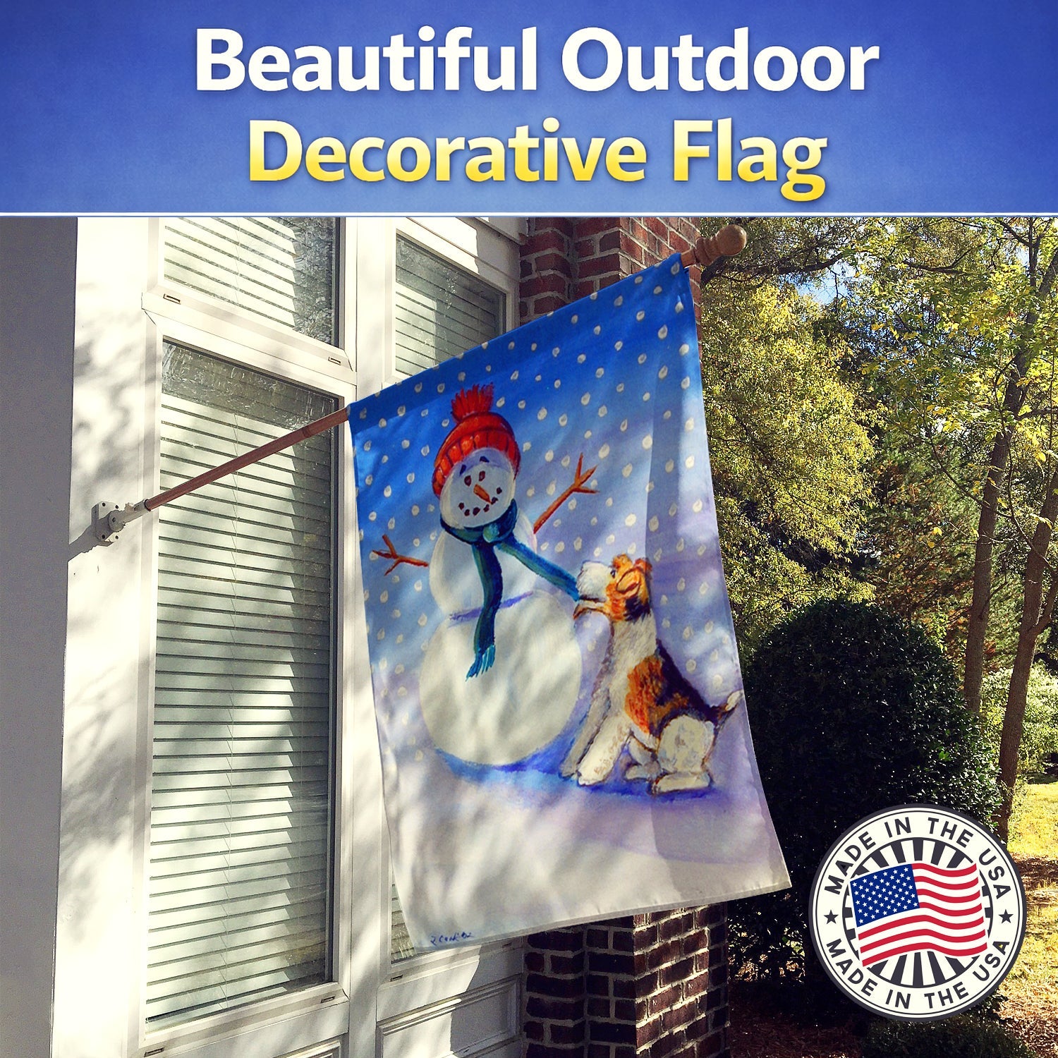 Snowman with  Fox Terrier House Flag 28x40 Porch Sleeve Pole Decorative Outside Yard Banner Artwork Wall Hanging, Polyester