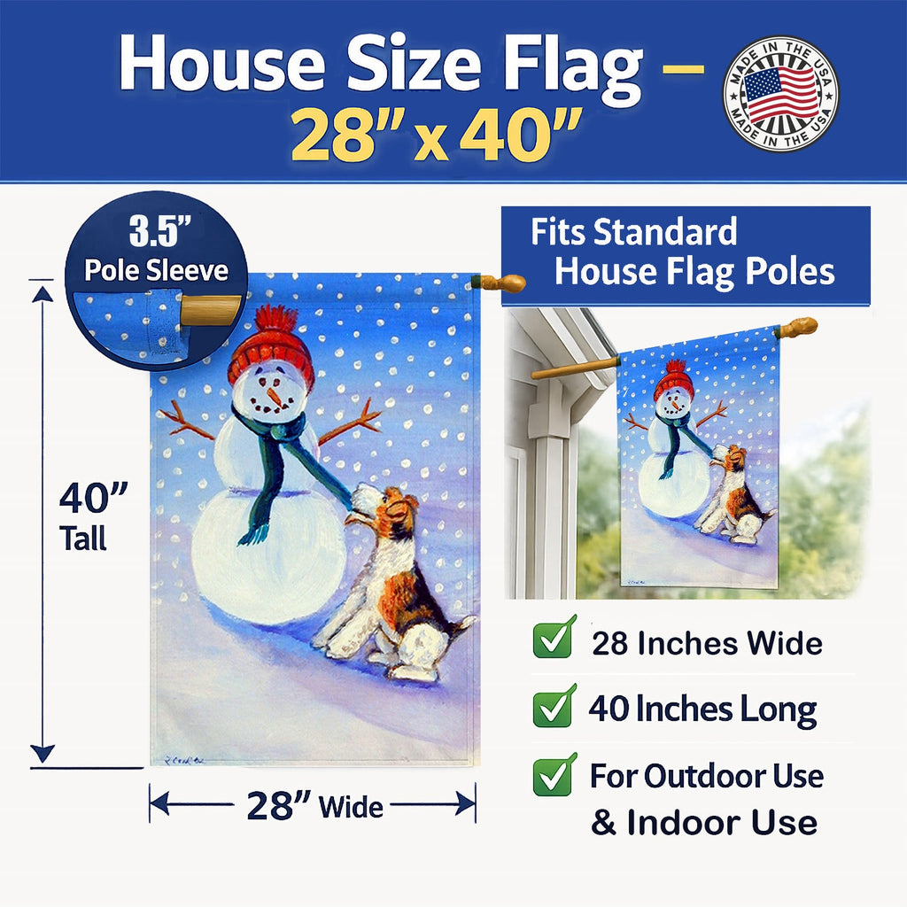 Snowman with  Fox Terrier House Flag 28x40 Porch Sleeve Pole Decorative Outside Yard Banner Artwork Wall Hanging, Polyester