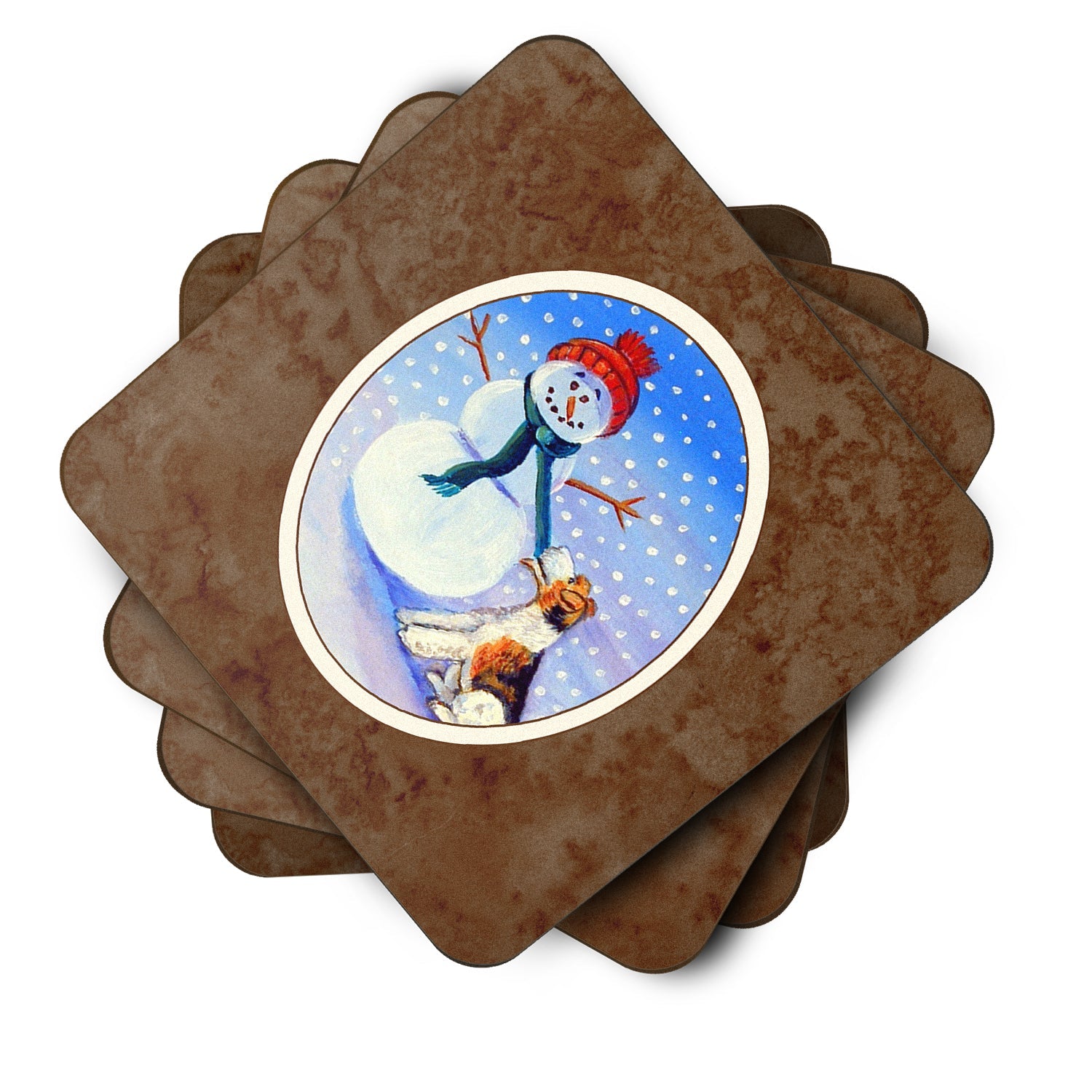 Snowman with  Fox Terrier Foam Coasters Set of 4 Cup Coasters for Indoor Outdoor, Tabletop Protection, Anti Slip, Mouse pad Material