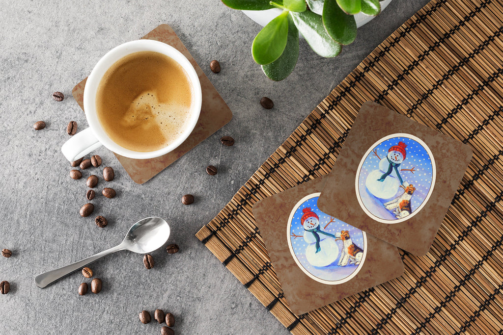 Snowman with  Fox Terrier Foam Coasters Set of 4 Cup Coasters for Indoor Outdoor, Tabletop Protection, Anti Slip, Mouse pad Material