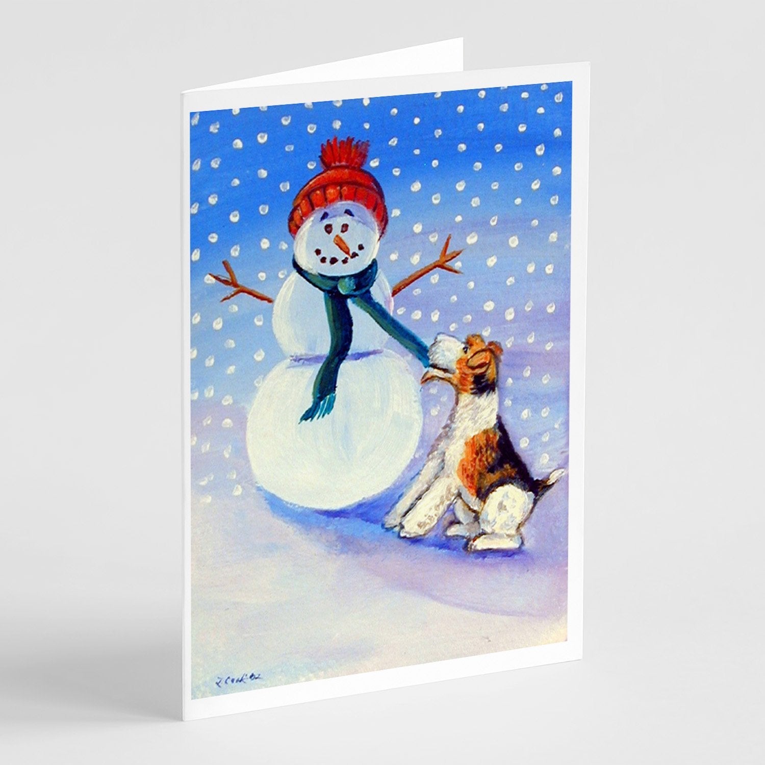 Snowman with  Fox Terrier Greeting Cards Pack of 8 Blank Cards with Envelopes Whimsical A7 Size 5x7