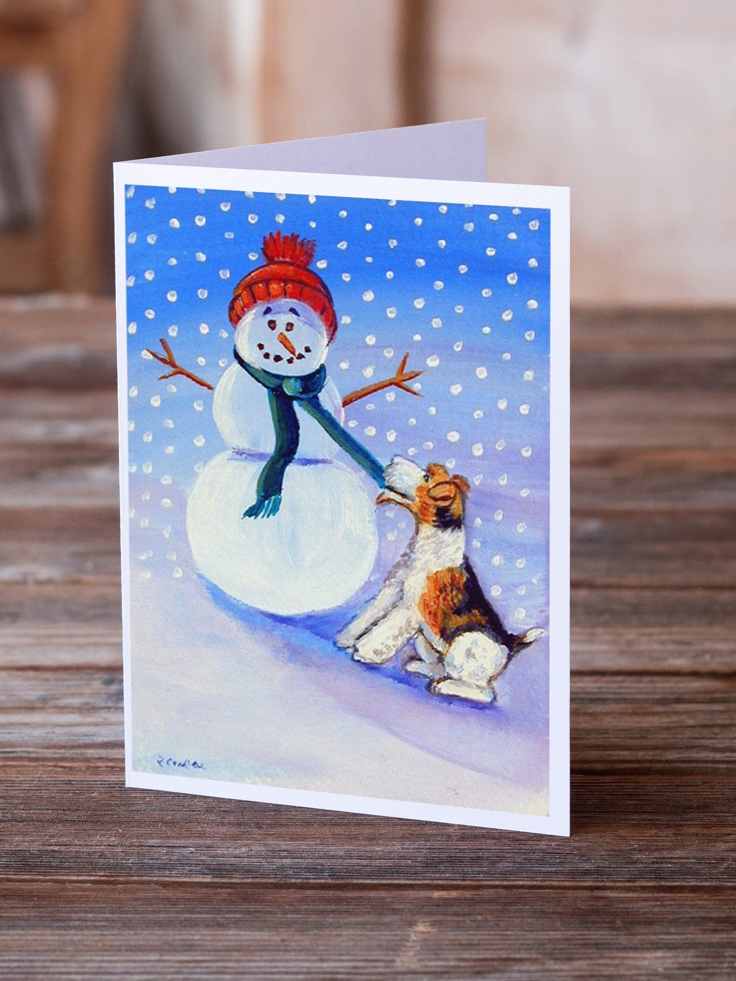 Snowman with  Fox Terrier Greeting Cards Pack of 8 Blank Cards with Envelopes Whimsical A7 Size 5x7
