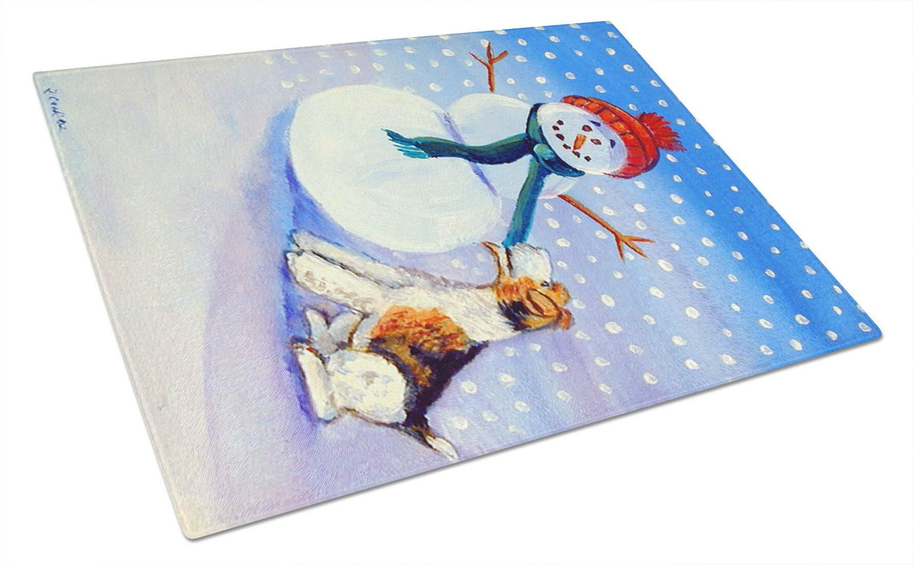 Snowman with  Fox Terrier Cutting Board Tempered Glass Kitchen Cutting Surface, Heat Resistant Chopping, Non-Slip Feet, Food Prep & Serving