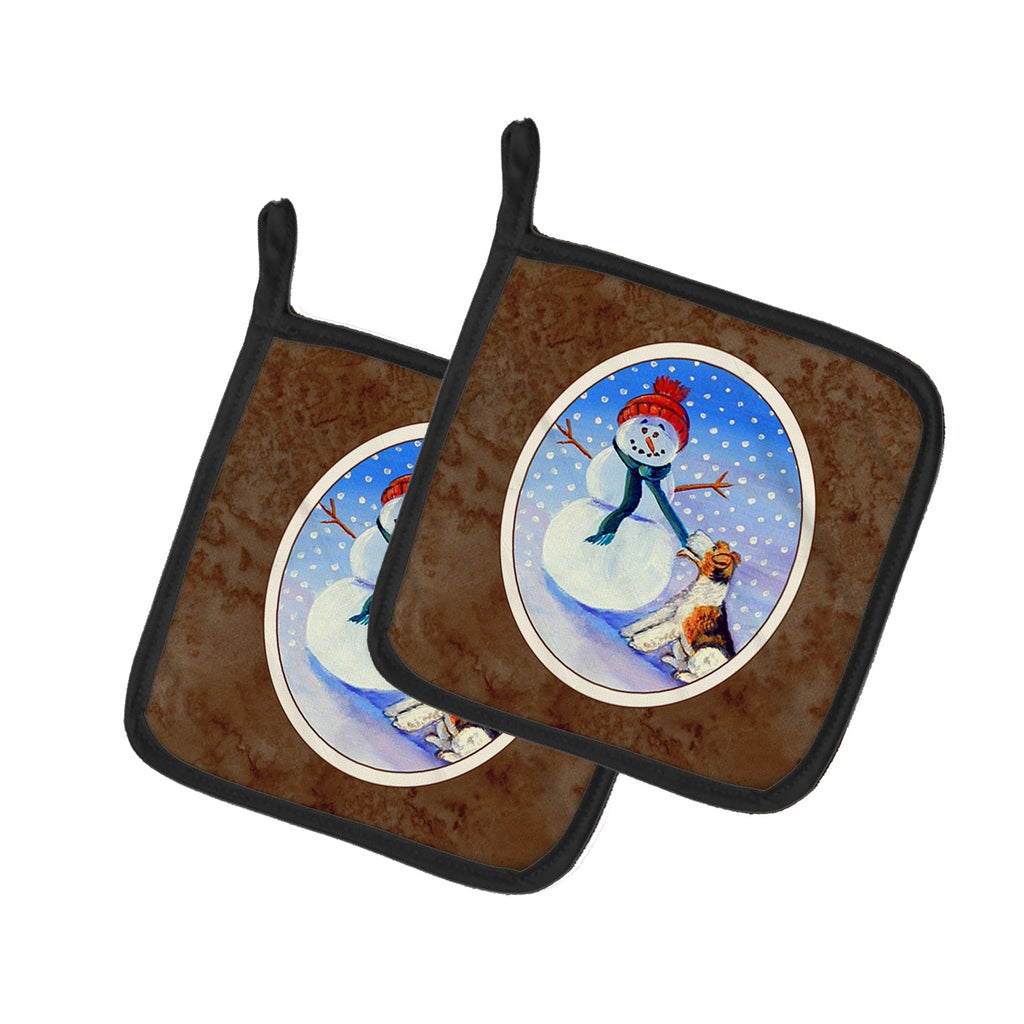 Snowman with  Fox Terrier Pot Holder Set of 2 Heat Resistant Quilted Hot Pads 7.5 x 7.5 Inch, Insulated Kitchen Trivets for Cooking & Baking