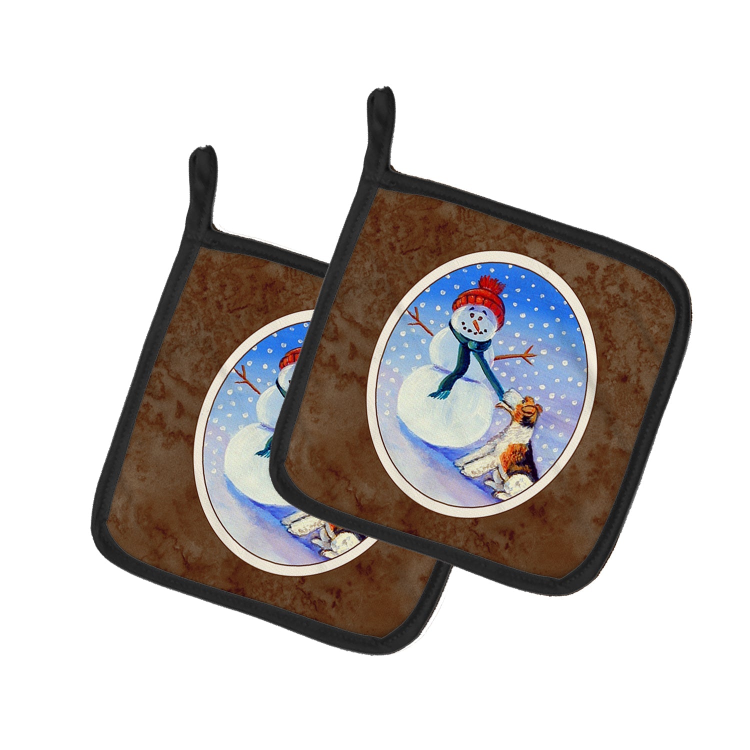 Snowman with  Fox Terrier Pot Holder Set of 2 Heat Resistant Quilted Hot Pads 7.5 x 7.5 Inch, Insulated Kitchen Trivets for Cooking & Baking