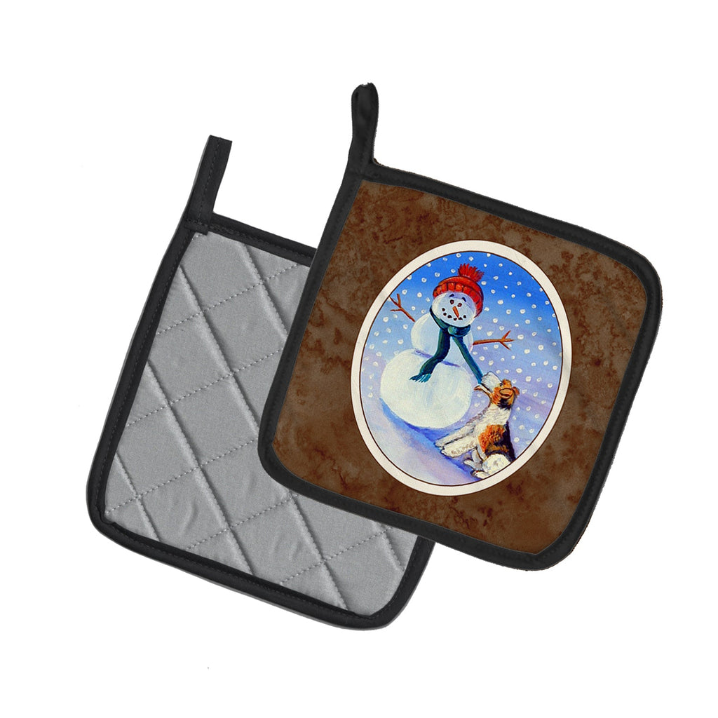 Snowman with  Fox Terrier Pot Holder Set of 2 Heat Resistant Quilted Hot Pads 7.5 x 7.5 Inch, Insulated Kitchen Trivets for Cooking & Baking
