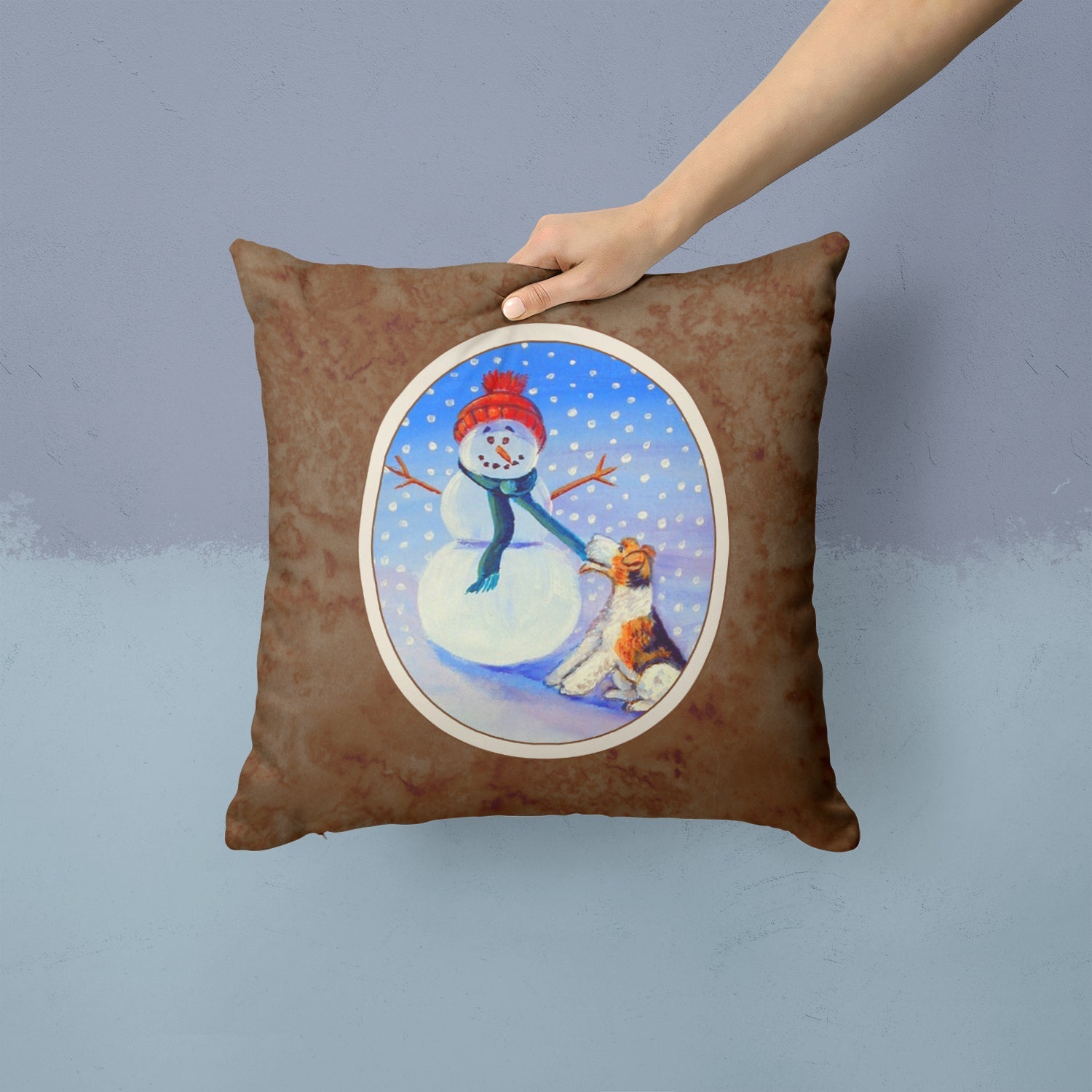 Snowman with  Fox Terrier Decorative Throw Pillow 14x14 Indoor Outdoor Accent Cushion, Fabric Cover with Insert for Sofa, Bed, Porch & Living Room