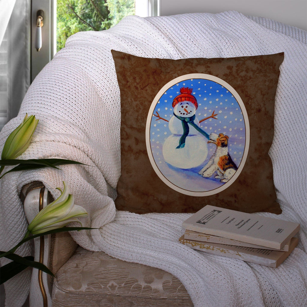 Snowman with  Fox Terrier Decorative Throw Pillow 14x14 Indoor Outdoor Accent Cushion, Fabric Cover with Insert for Sofa, Bed, Porch & Living Room