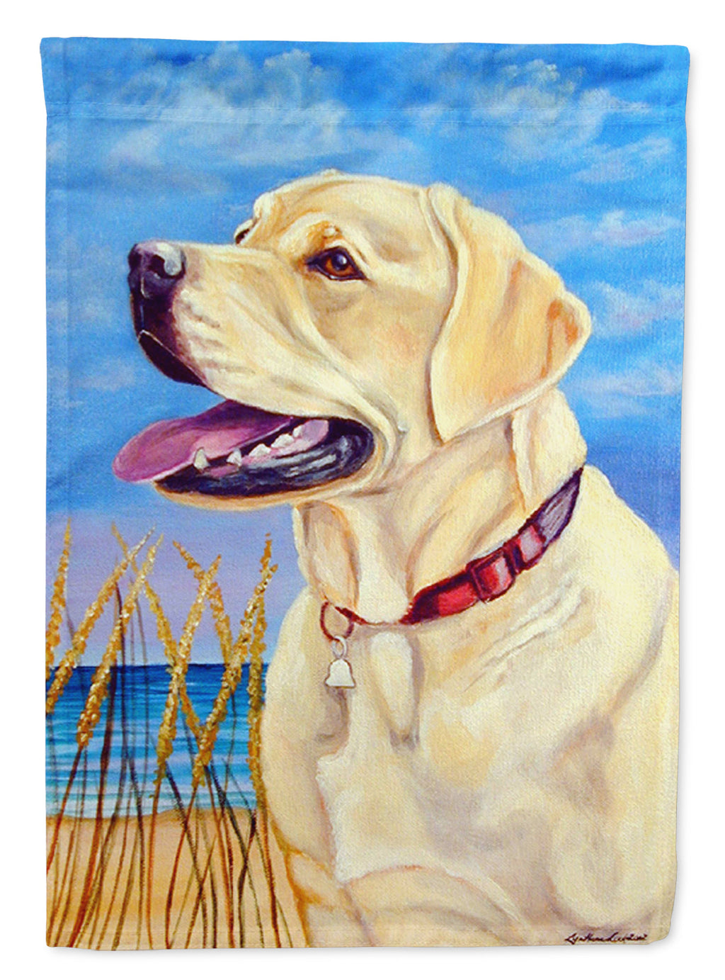 Yellow Labrador at the Beach House Flag 28x40 Porch Sleeve Pole Decorative Outside Yard Banner Artwork Wall Hanging, Polyester