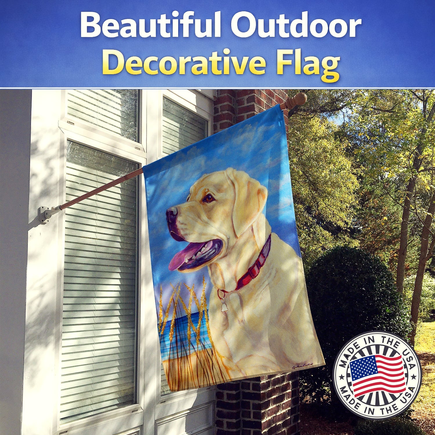 Yellow Labrador at the Beach House Flag 28x40 Porch Sleeve Pole Decorative Outside Yard Banner Artwork Wall Hanging, Polyester