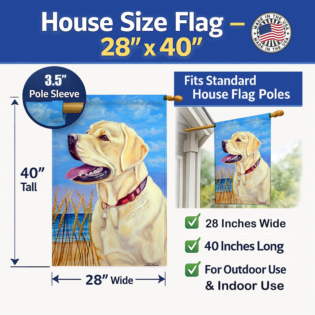 Yellow Labrador at the Beach House Flag 28x40 Porch Sleeve Pole Decorative Outside Yard Banner Artwork Wall Hanging, Polyester