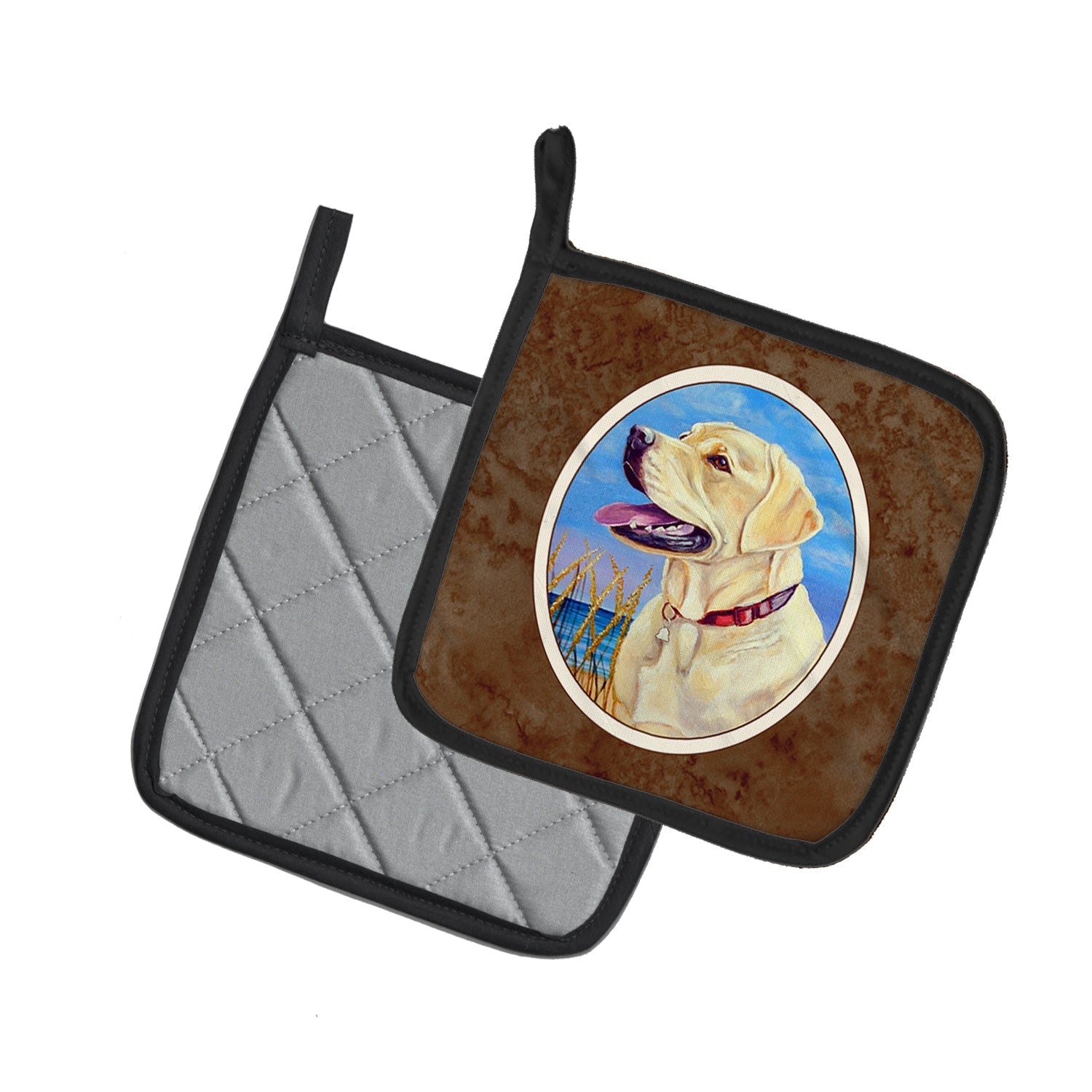 Yellow Labrador at the Beach Pot Holder Set of 2 Heat Resistant Quilted Hot Pads 7.5 x 7.5 Inch, Insulated Kitchen Trivets for Cooking & Baking