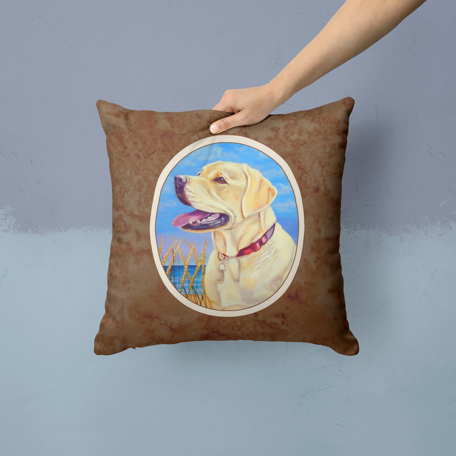 Yellow Labrador at the Beach Decorative Throw Pillow 14x14 Indoor Outdoor Accent Cushion, Fabric Cover with Insert for Sofa, Bed, Porch & Living Room
