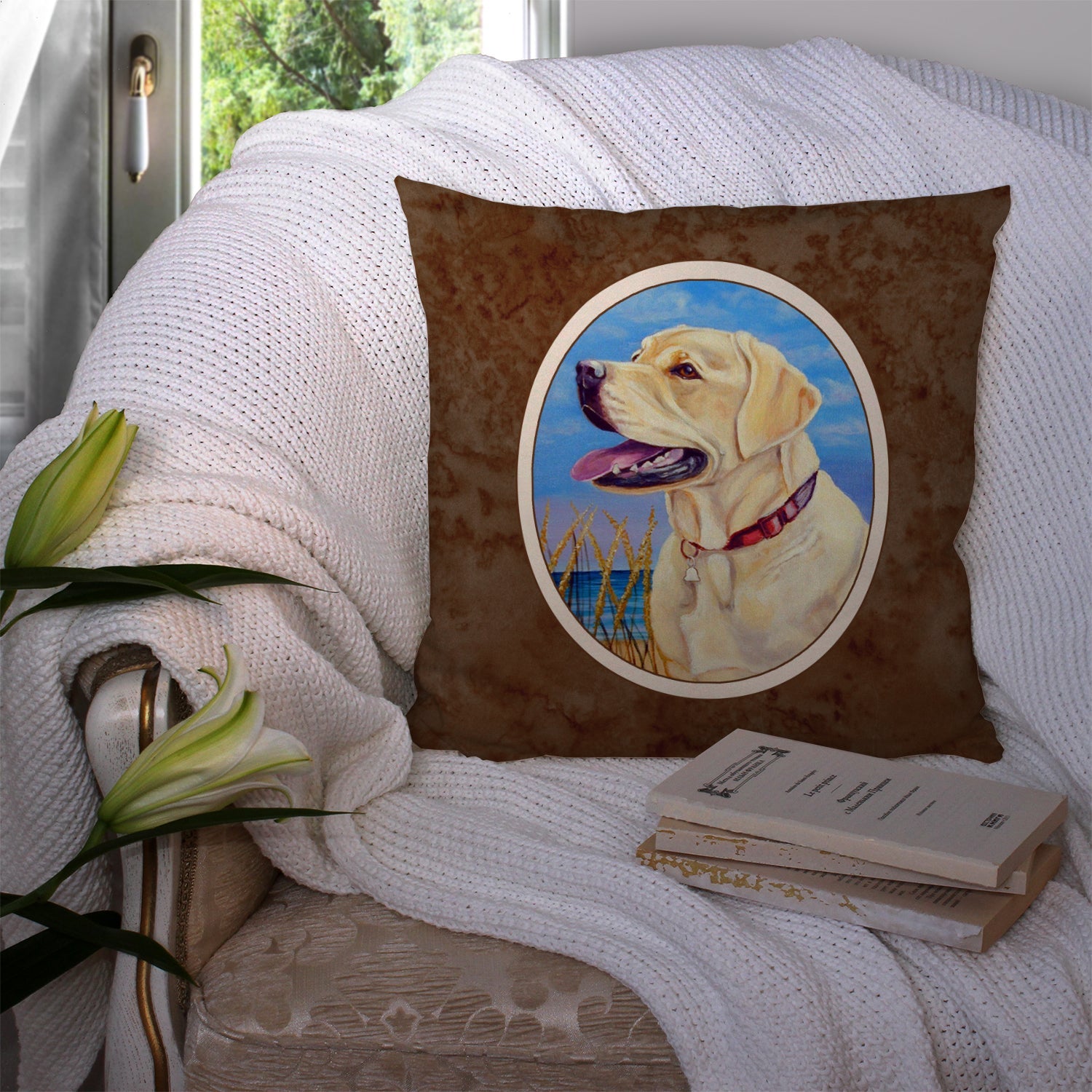 Yellow Labrador at the Beach Decorative Throw Pillow 14x14 Indoor Outdoor Accent Cushion, Fabric Cover with Insert for Sofa, Bed, Porch & Living Room