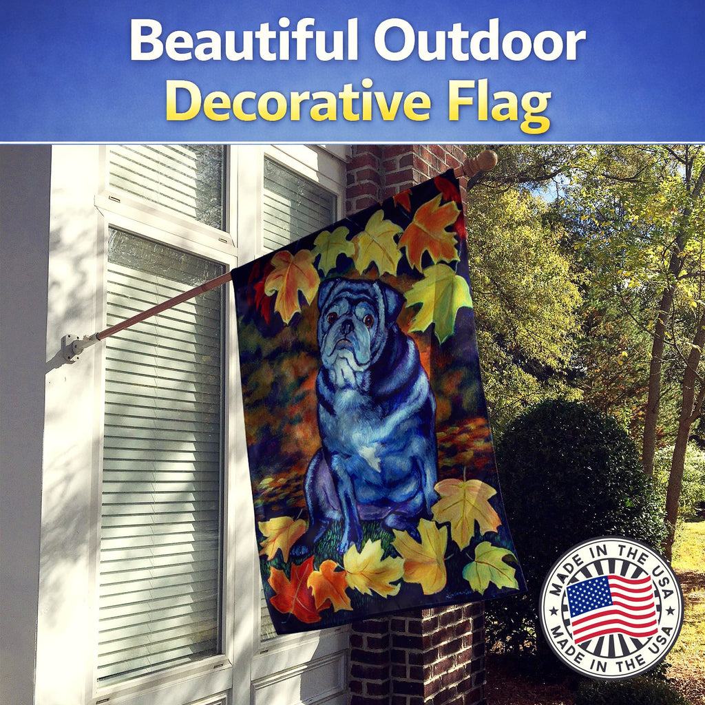 Old Black Pug in Fall Leaves House Flag 28x40 Porch Sleeve Pole Decorative Outside Yard Banner Artwork Wall Hanging, Polyester