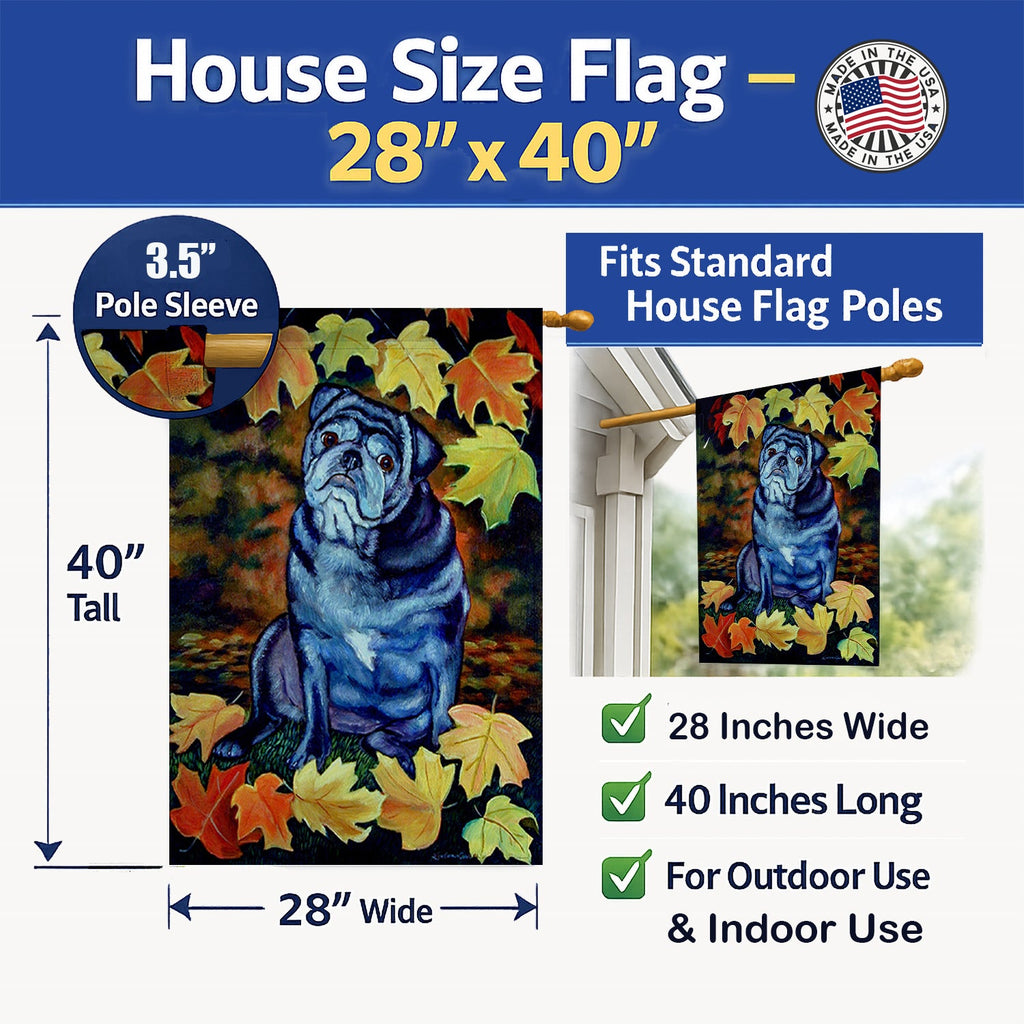Old Black Pug in Fall Leaves House Flag 28x40 Porch Sleeve Pole Decorative Outside Yard Banner Artwork Wall Hanging, Polyester