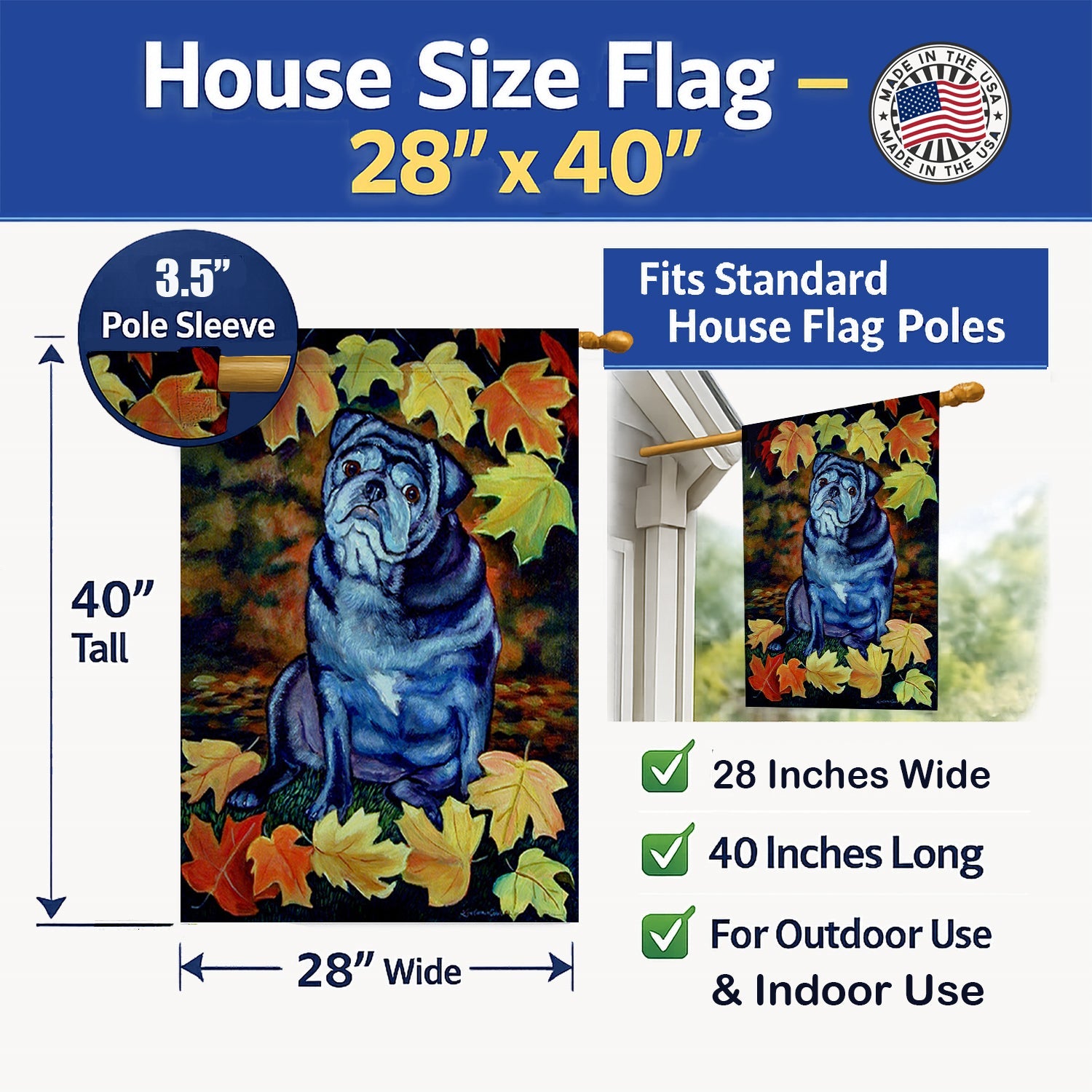 Old Black Pug in Fall Leaves House Flag 28x40 Porch Sleeve Pole Decorative Outside Yard Banner Artwork Wall Hanging, Polyester