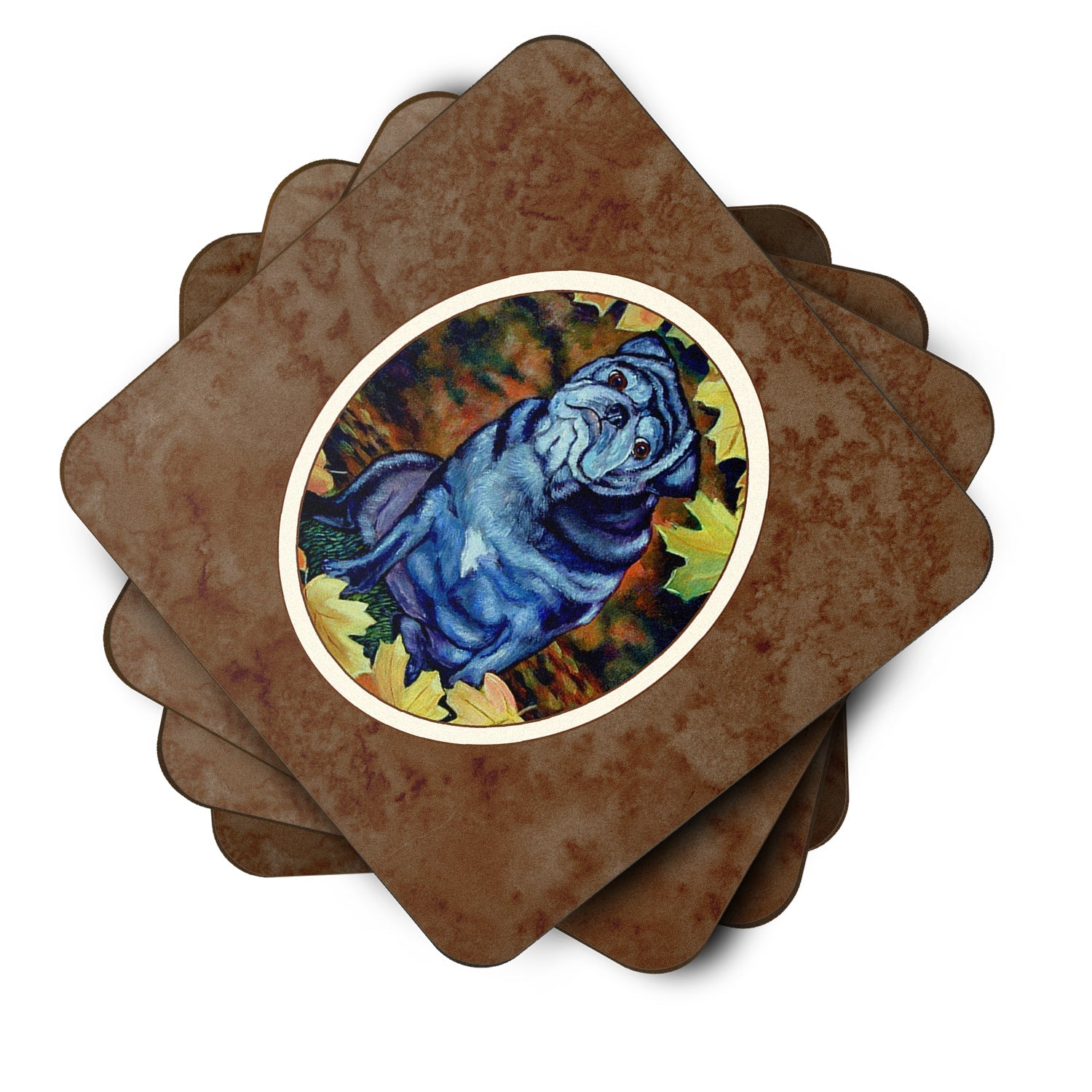 Old Black Pug in Fall Leaves Foam Coasters Set of 4 Cup Coasters for Indoor Outdoor, Tabletop Protection, Anti Slip, Mouse pad Material