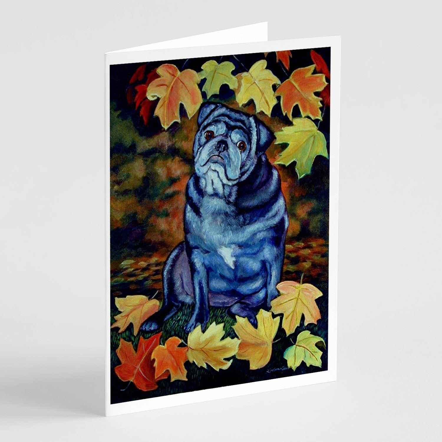Old Black Pug in Fall Leaves Greeting Cards Pack of 8 Blank Cards with Envelopes Whimsical A7 Size 5x7