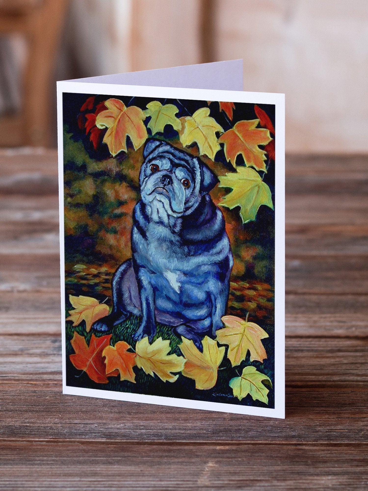 Old Black Pug in Fall Leaves Greeting Cards Pack of 8 Blank Cards with Envelopes Whimsical A7 Size 5x7
