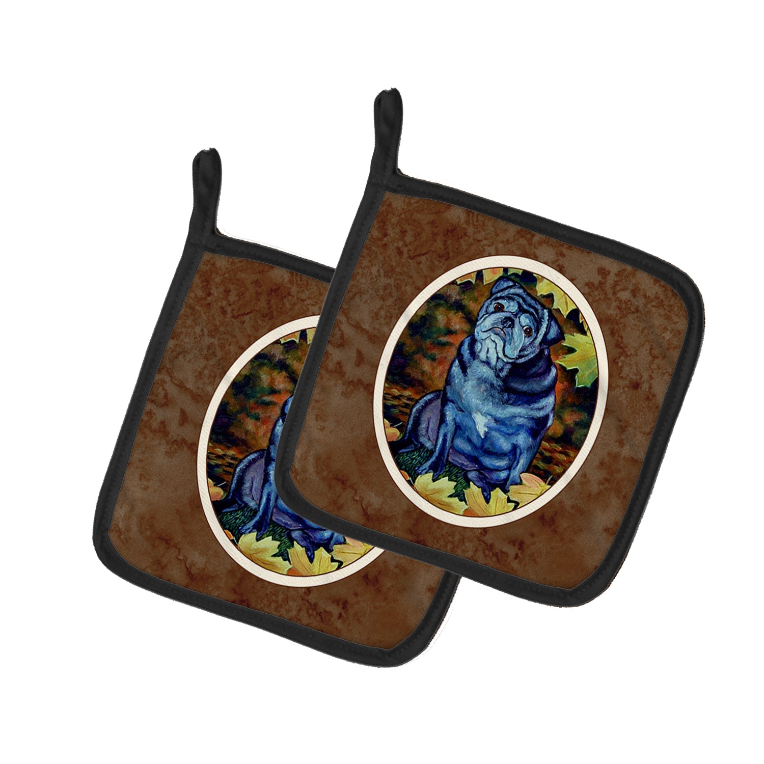 Old Black Pug in Fall Leaves Pot Holder Set of 2 Heat Resistant Quilted Hot Pads 7.5 x 7.5 Inch, Insulated Kitchen Trivets for Cooking & Baking
