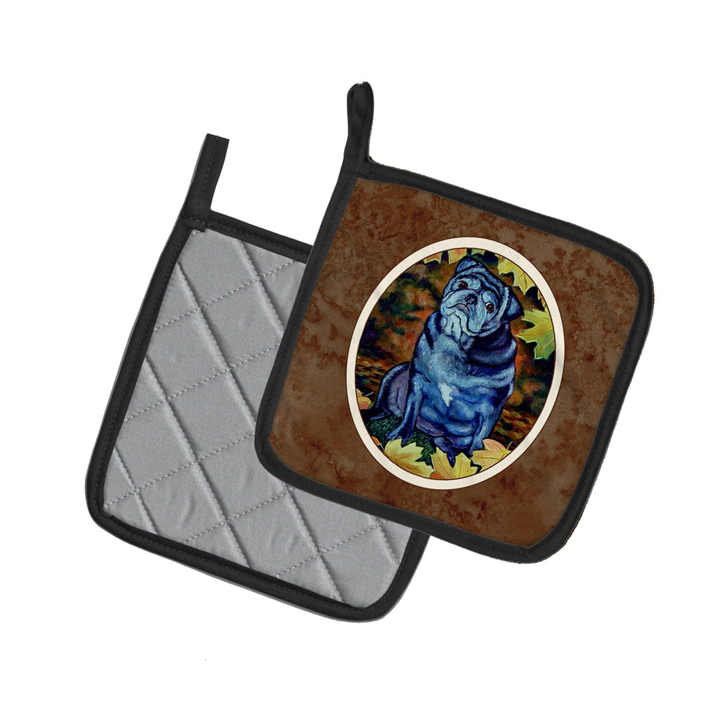 Old Black Pug in Fall Leaves Pot Holder Set of 2 Heat Resistant Quilted Hot Pads 7.5 x 7.5 Inch, Insulated Kitchen Trivets for Cooking & Baking