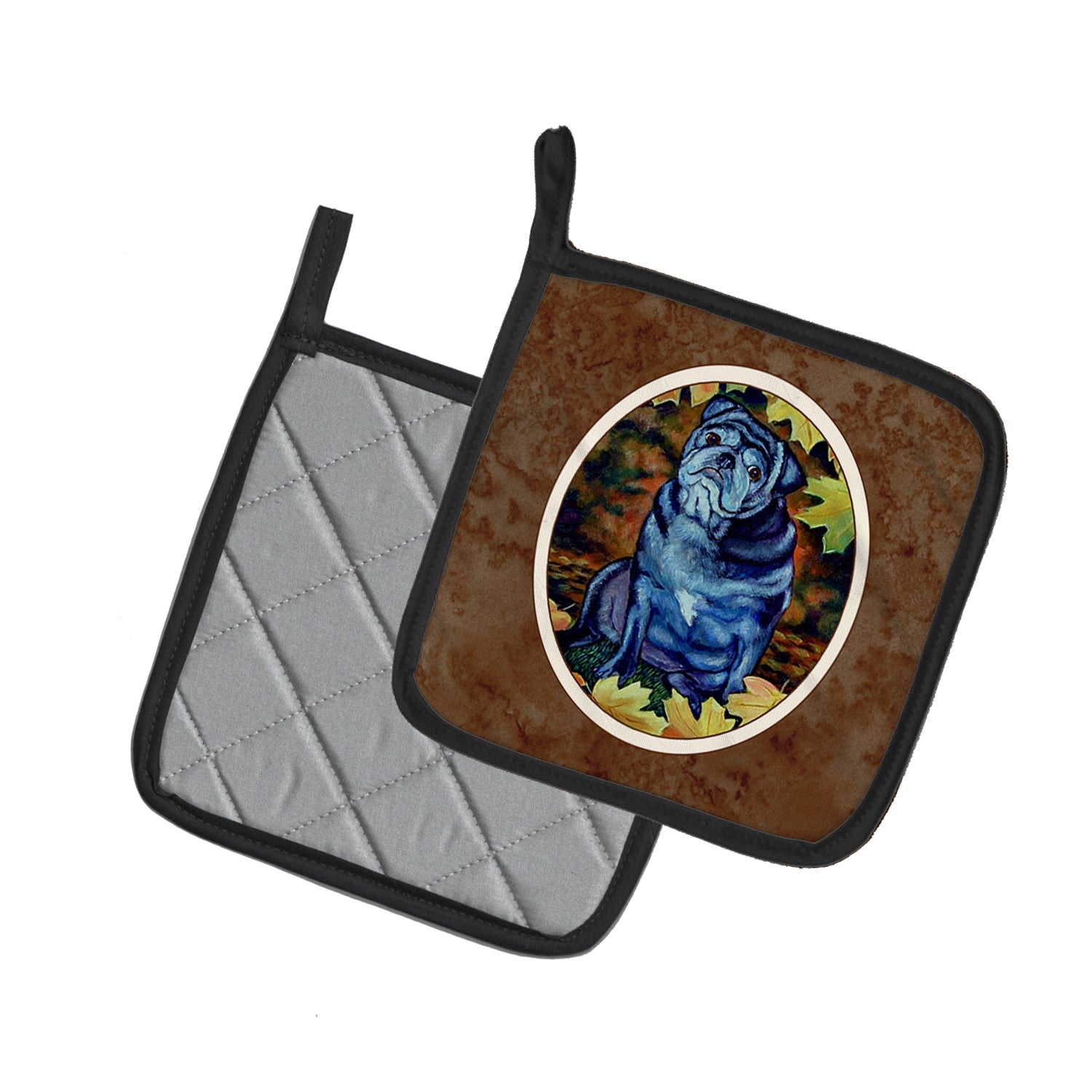 Old Black Pug in Fall Leaves Pot Holder Set of 2 Heat Resistant Quilted Hot Pads 7.5 x 7.5 Inch, Insulated Kitchen Trivets for Cooking & Baking