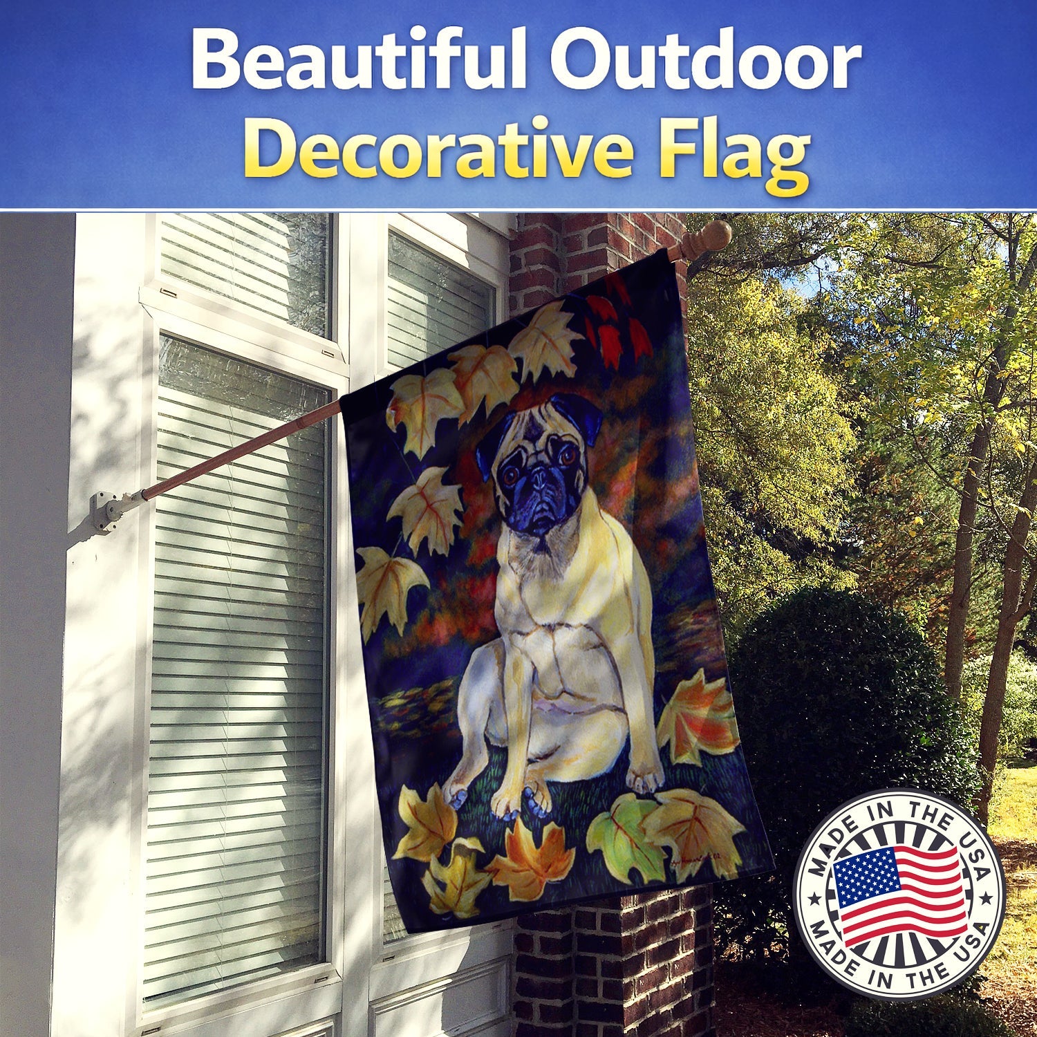 Fawn Pug in Fall Leaves House Flag 28x40 Porch Sleeve Pole Decorative Outside Yard Banner Artwork Wall Hanging, Polyester