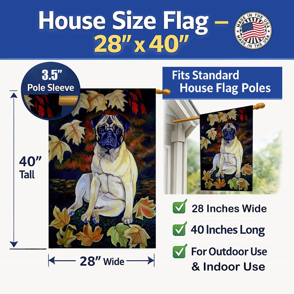 Fawn Pug in Fall Leaves House Flag 28x40 Porch Sleeve Pole Decorative Outside Yard Banner Artwork Wall Hanging, Polyester
