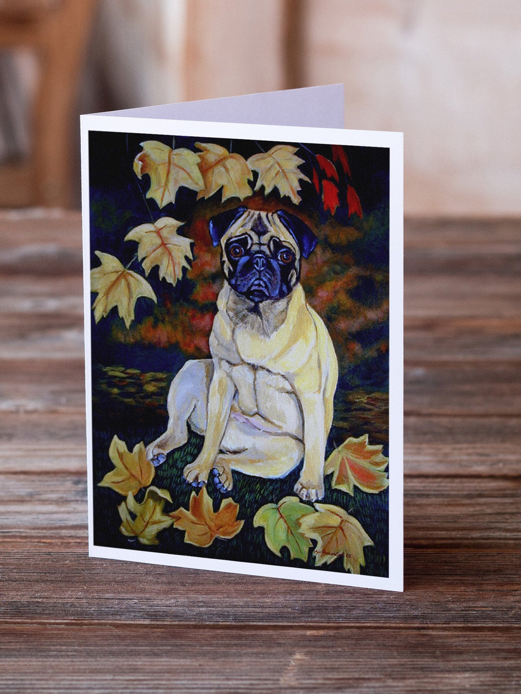 Fawn Pug in Fall Leaves Greeting Cards Pack of 8 Blank Cards with Envelopes Whimsical A7 Size 5x7