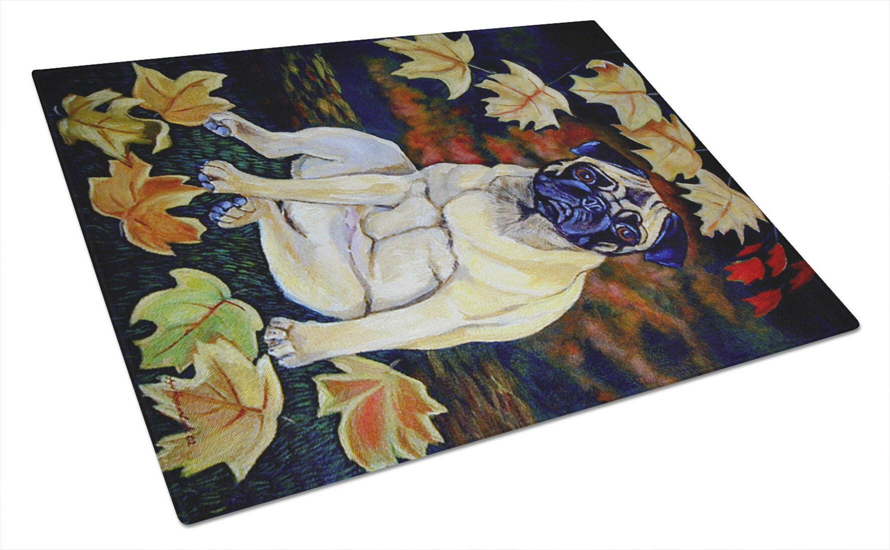 Fawn Pug in Fall Leaves Cutting Board Tempered Glass Kitchen Cutting Surface, Heat Resistant Chopping, Non-Slip Feet, Food Prep & Serving