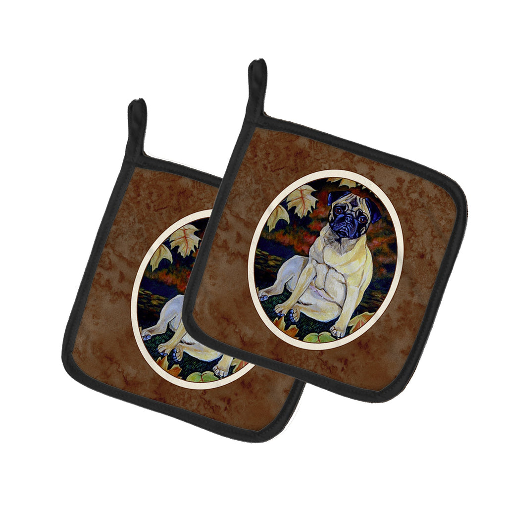 Fawn Pug in Fall Leaves Pot Holder Set of 2 Heat Resistant Quilted Hot Pads 7.5 x 7.5 Inch, Insulated Kitchen Trivets for Cooking & Baking