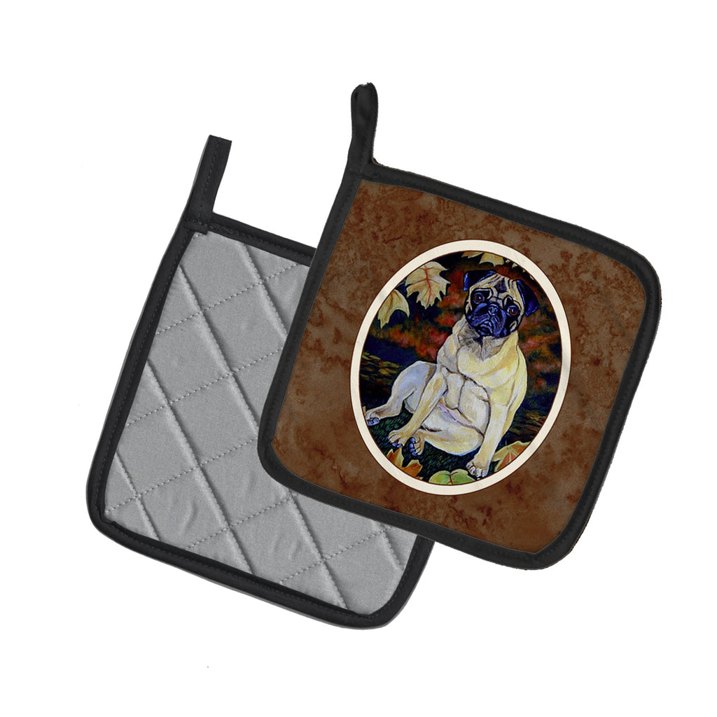 Fawn Pug in Fall Leaves Pot Holder Set of 2 Heat Resistant Quilted Hot Pads 7.5 x 7.5 Inch, Insulated Kitchen Trivets for Cooking & Baking