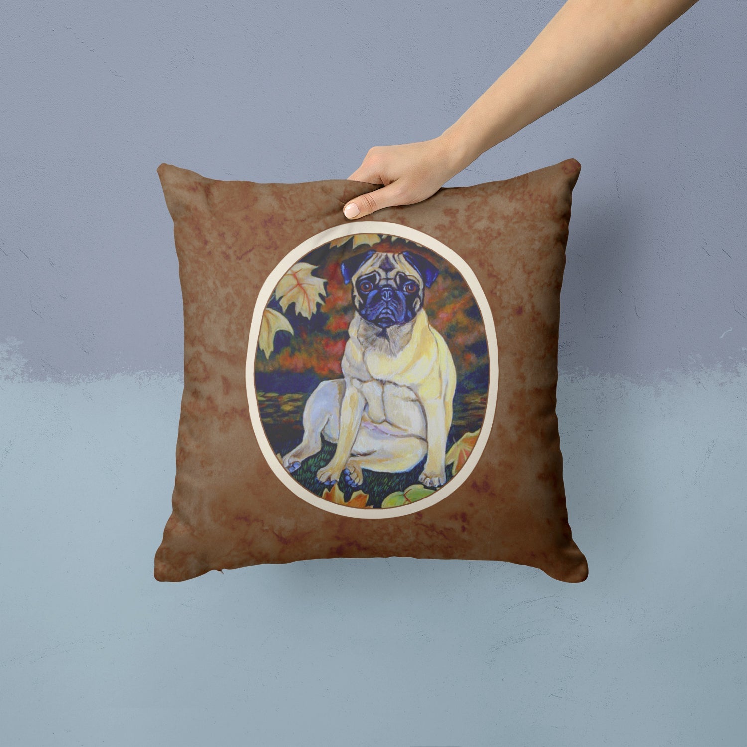 Fawn Pug in Fall Leaves Decorative Throw Pillow 14x14 Indoor Outdoor Accent Cushion, Fabric Cover with Insert for Sofa, Bed, Porch & Living Room
