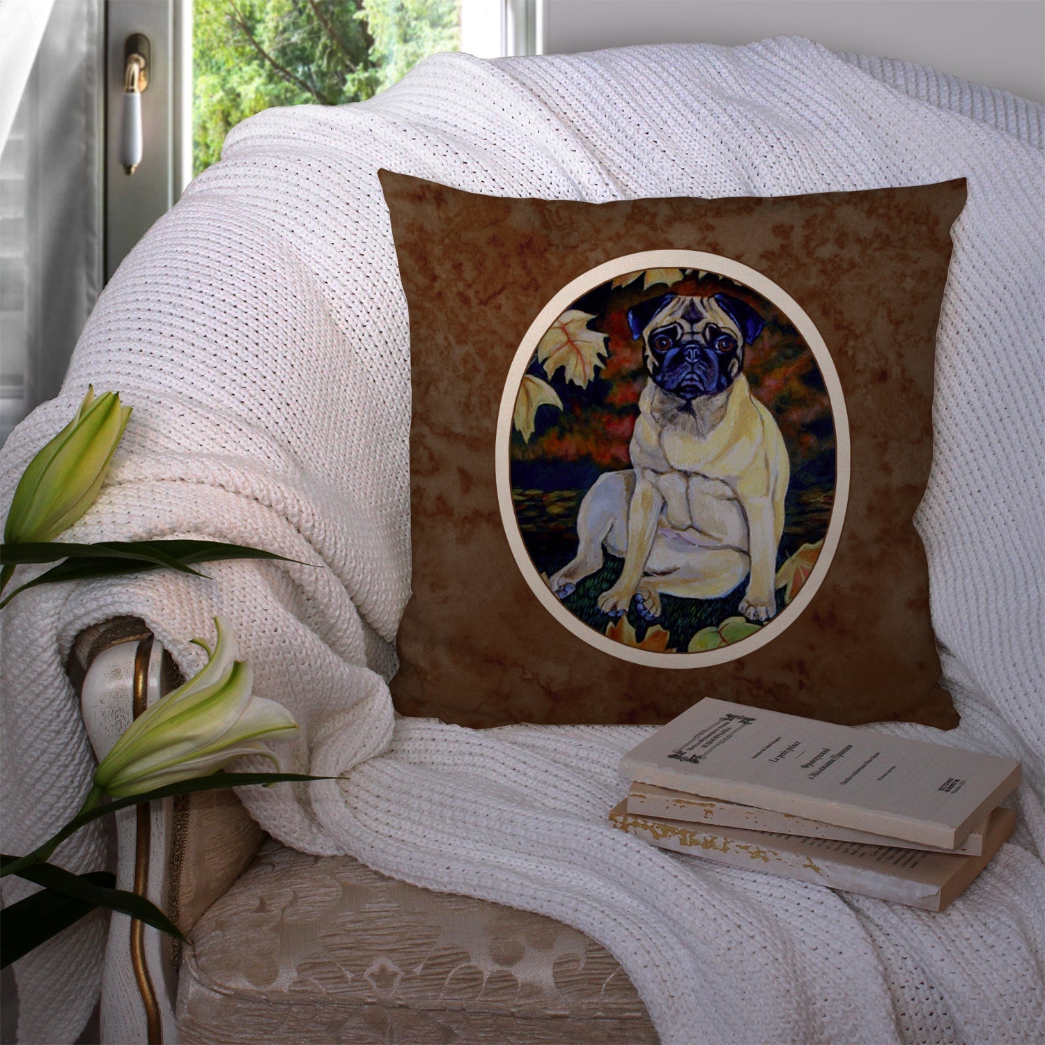 Fawn Pug in Fall Leaves Decorative Throw Pillow 14x14 Indoor Outdoor Accent Cushion, Fabric Cover with Insert for Sofa, Bed, Porch & Living Room