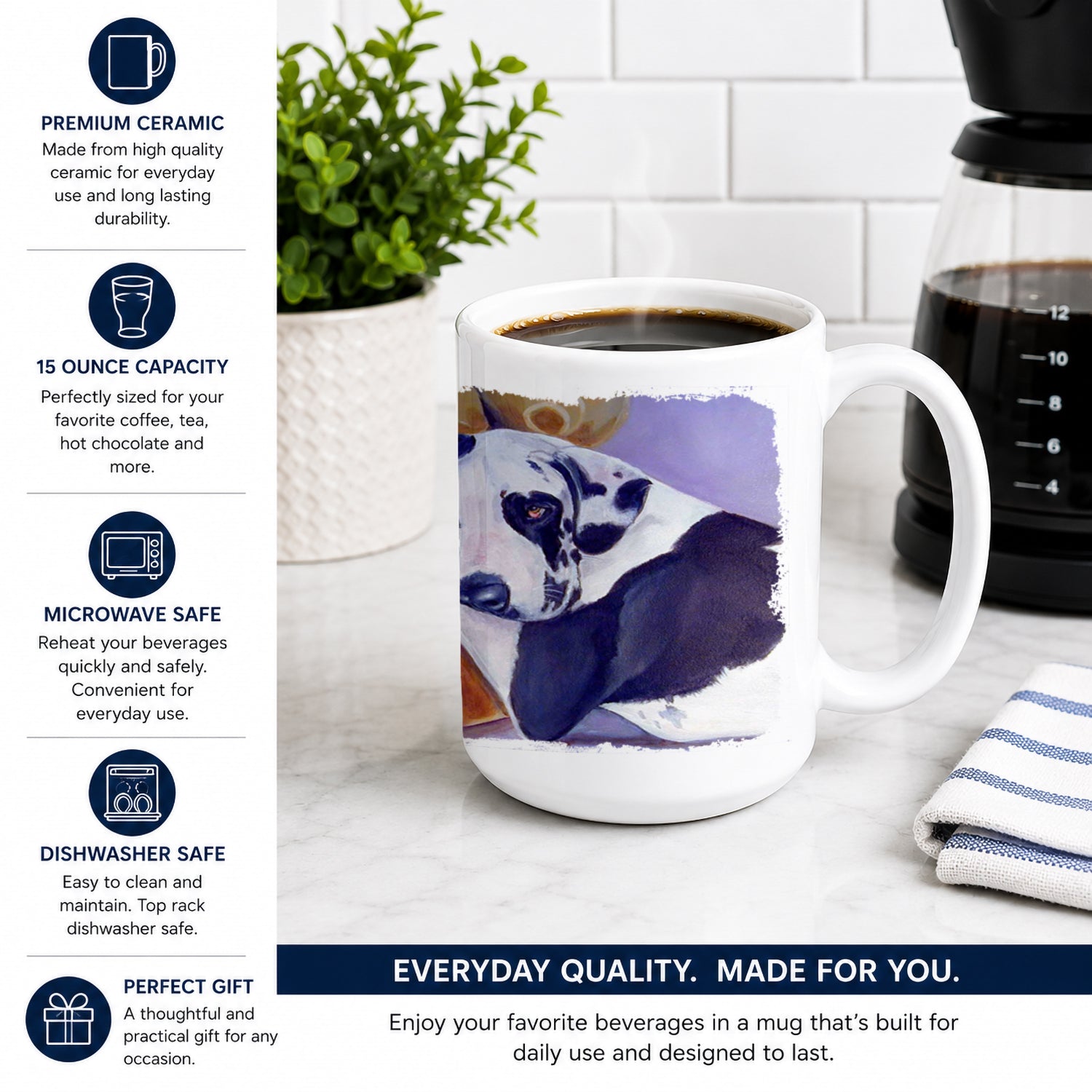 Harlequin Natural Great Dane Ceramic Coffee Mug 15 oz Decorative Large C Handle Mug Cup for Tea, Cocoa Hot Chocolate