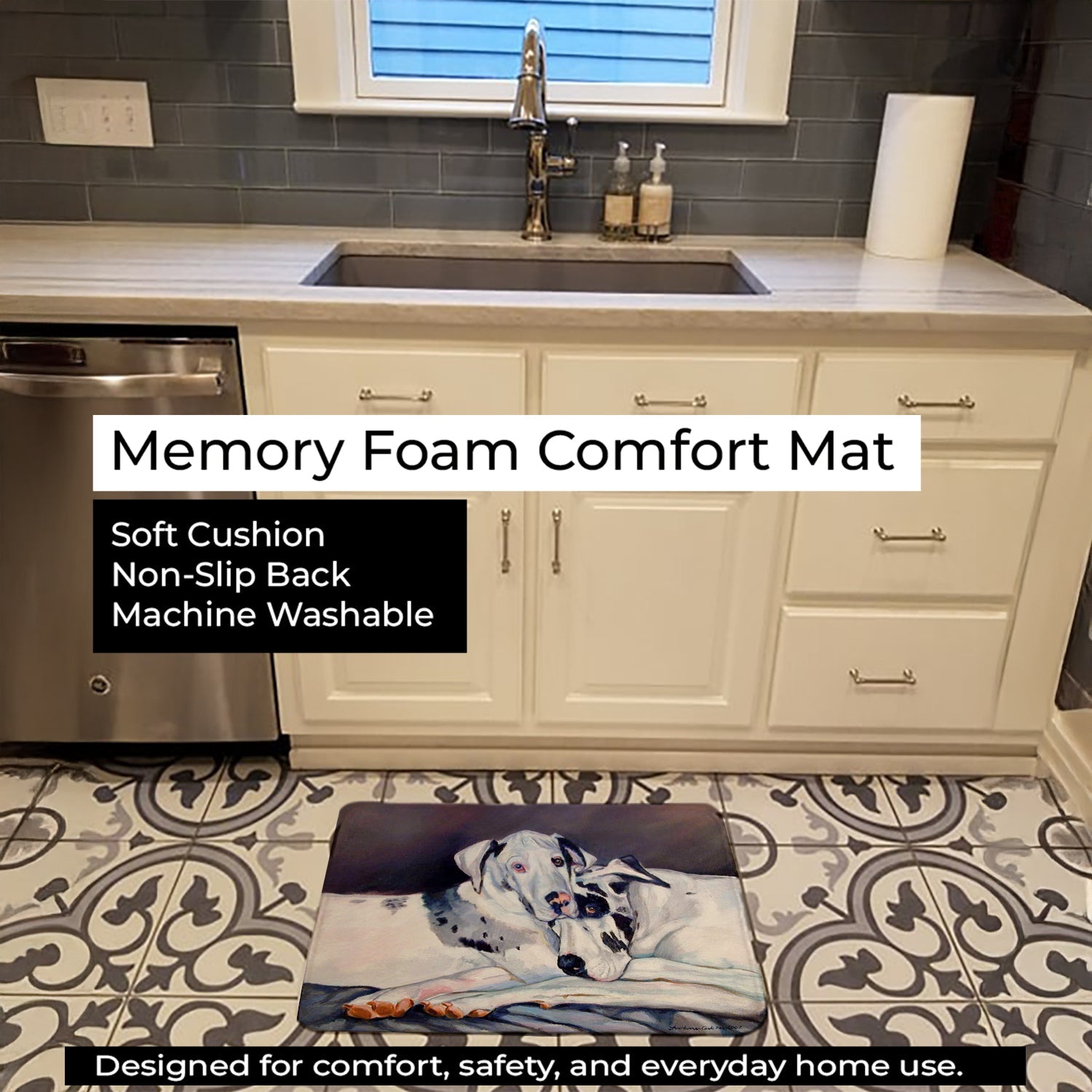 Harlequin Natural Great Danes Memory Foam Kitchen Mat Machine Washable Anti-Fatigue Cushion Comfort Bath or Kitchen Rug